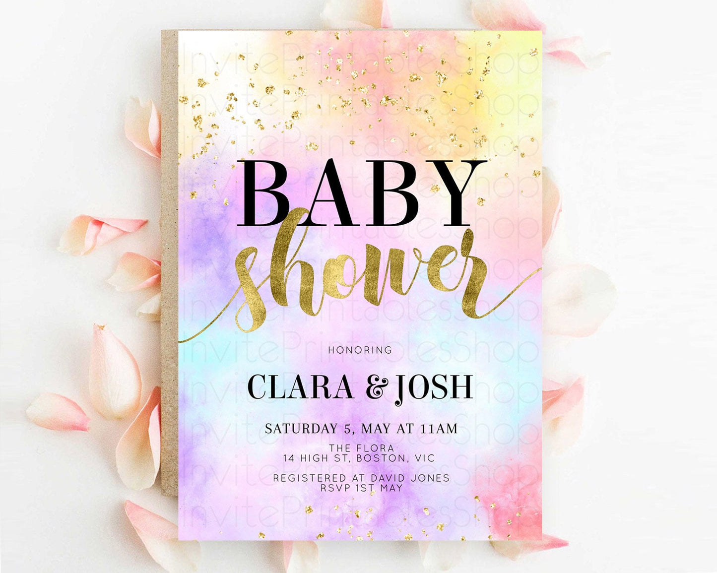 Pastel Baby Shower Invitation Rainbow Baby Shower Invitation Colorful Pastel Watercolor Invitation Gold Glitter Sprinkles Ombre D10435