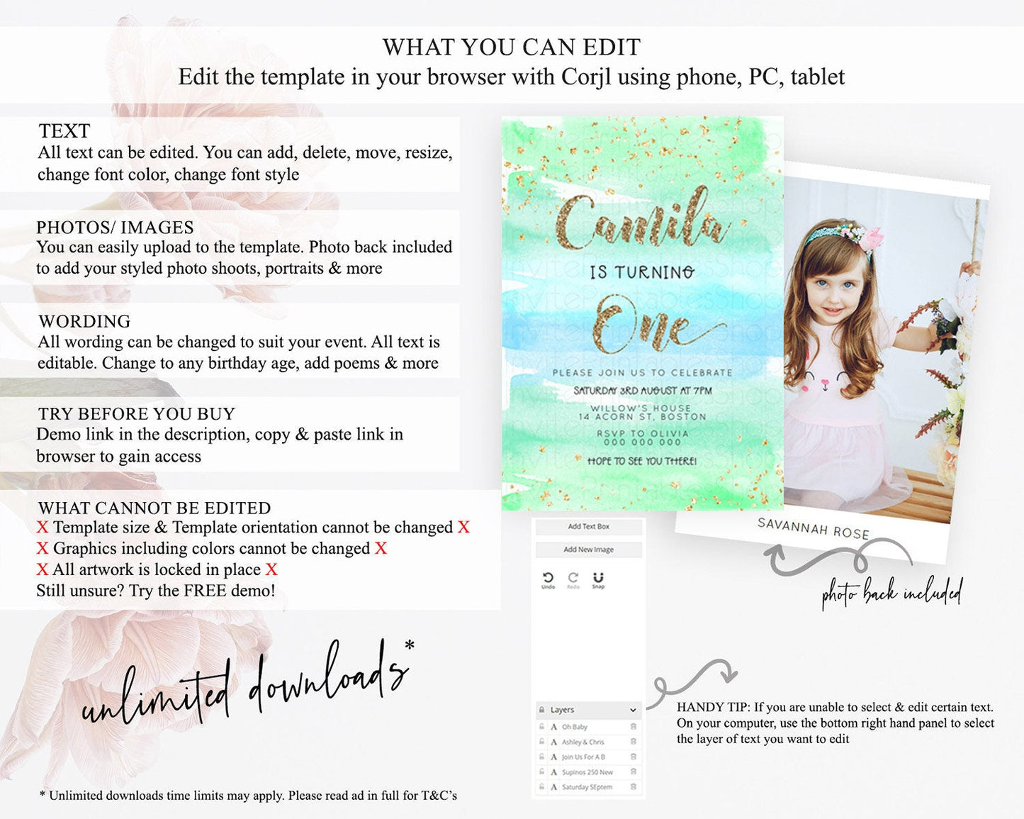 Green Birthday Invitation green Watercolor Invitation Pastel green Watercolor Invitation green Splash Gold Invitation First Birthday D23276