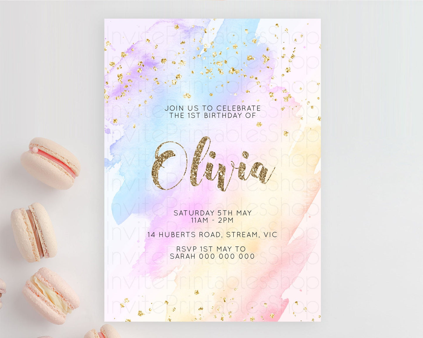 Rainbow Birthday Invitation Colorful Pastel Watercolor Invitation Gold Glitter Sprinkles Ombre Pastel 1st 2nd 3rd Birthday D10633