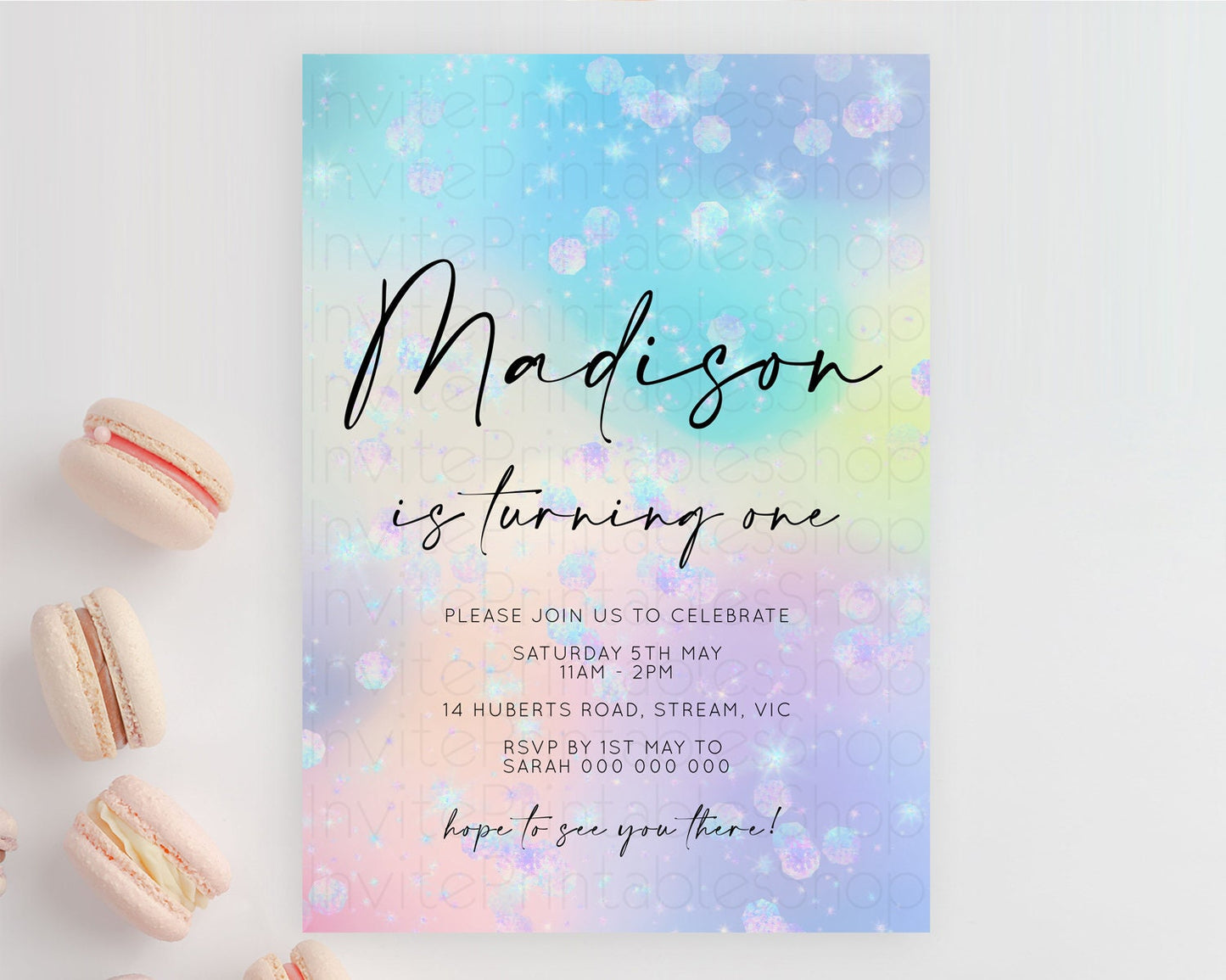 Rainbow Birthday Invitation Colorful Pastel Watercolor Iridescent Glitter Sprinkles Ombre Pastel Invitation 1st 2nd First Birthday D10665