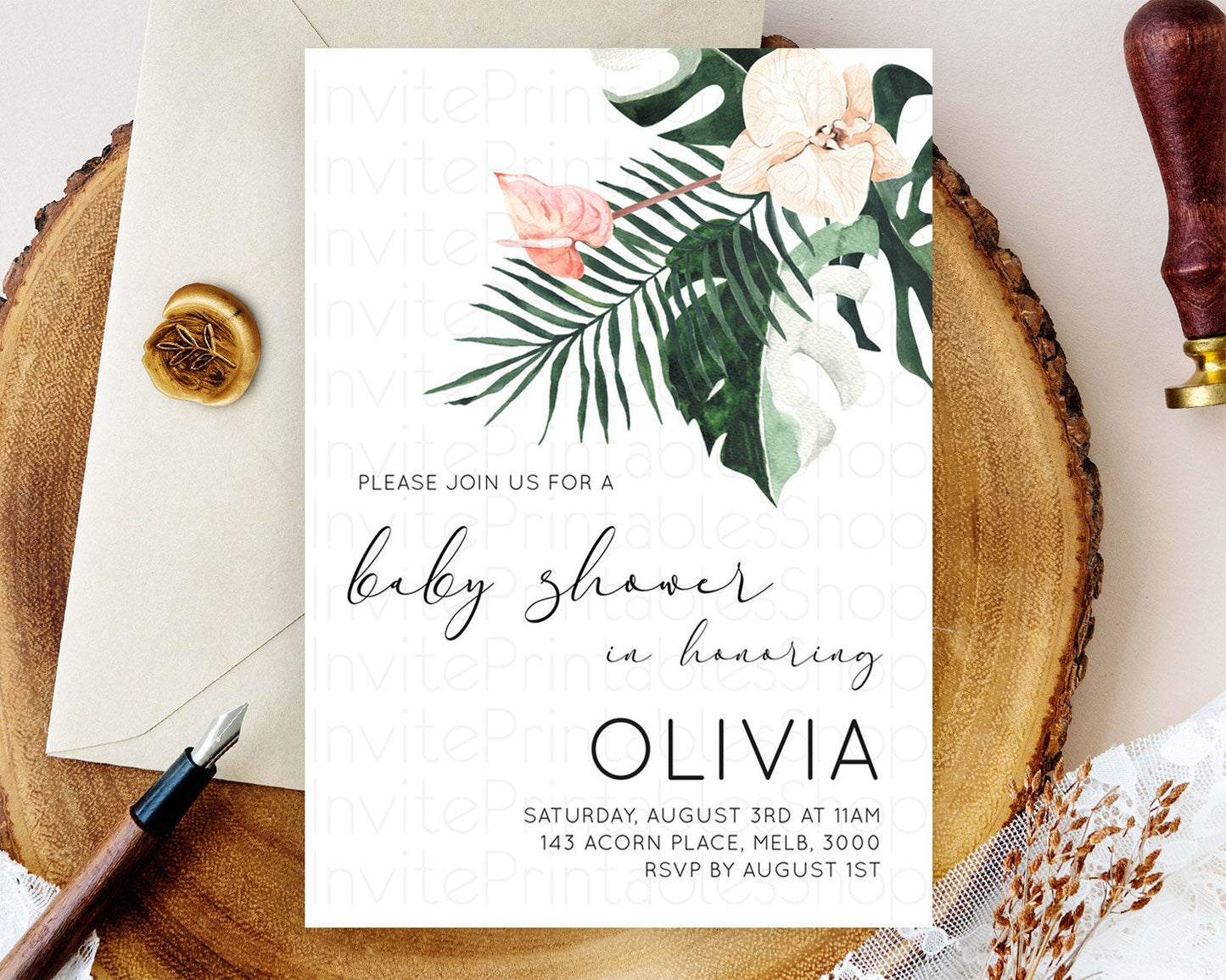 Tropical baby Shower Invitation Tropical Floral Baby Shower Invitation Palm Leaf Fern Invitation Frangipani White Orchid Invitation D11016