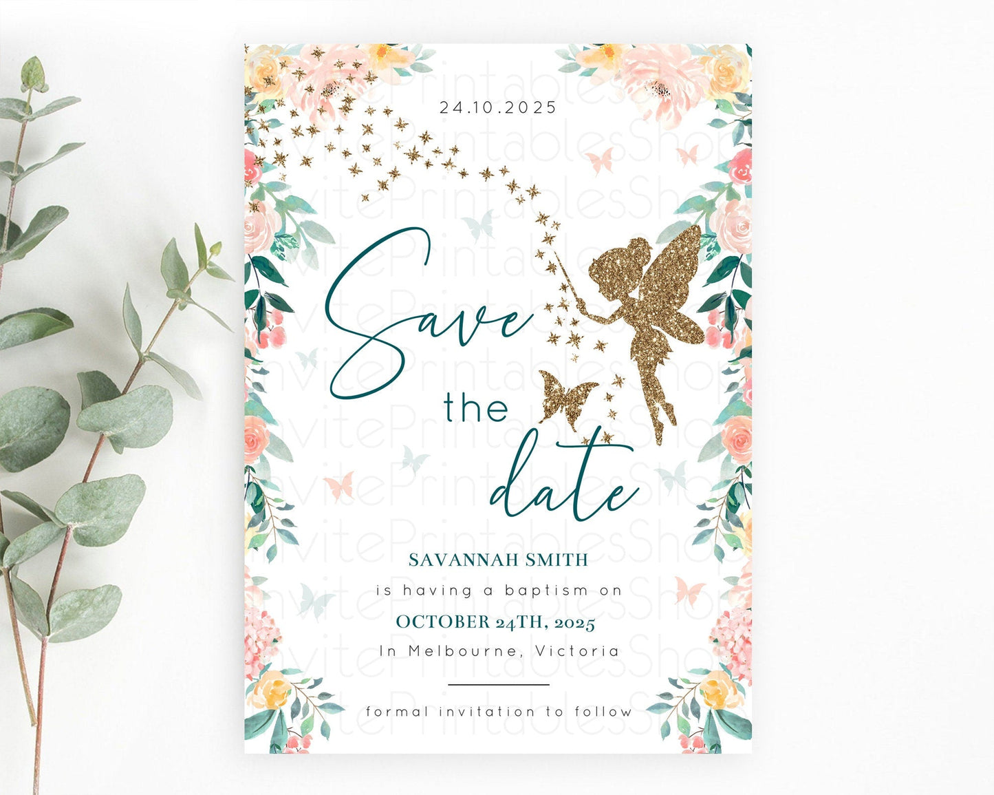 Fairy Save The Date Template Enchanted Garden Pastel Floral Butterfly Party Secret Garden Birthday Baptism Baby Shower Bridal Shower D10239