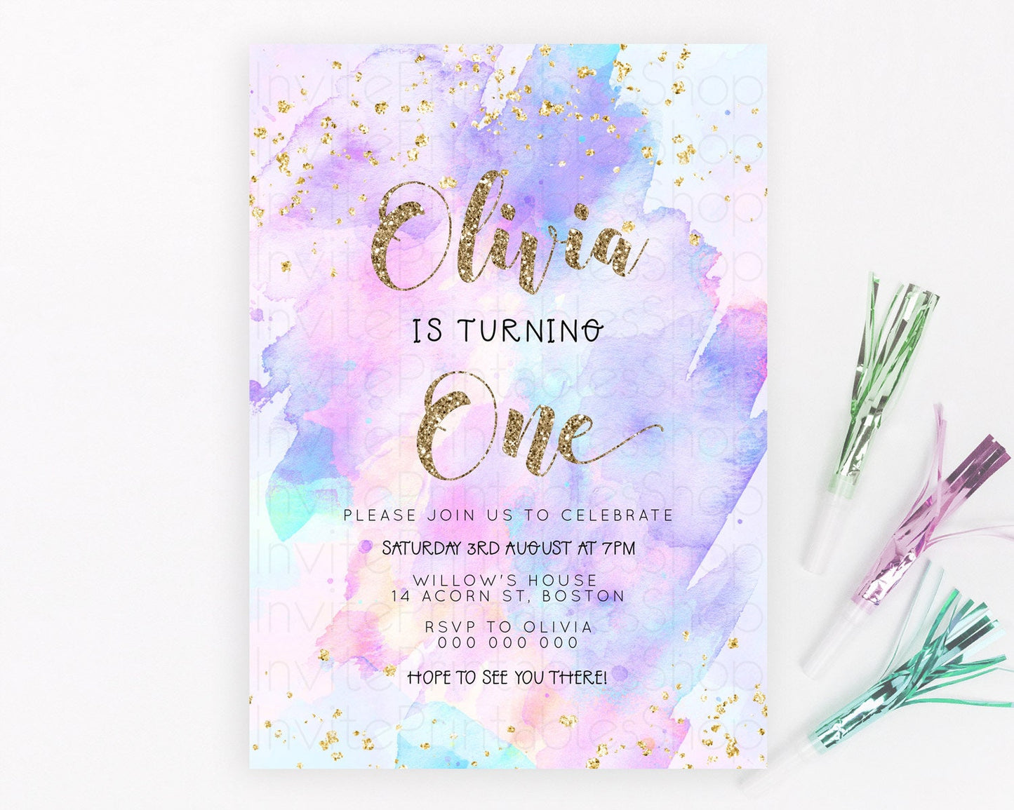 Rainbow Birthday Invitation Colorful Pastel Watercolor Invitation Gold Glitter Sprinkles Ombre Pastel 1st 2nd 3rd Birthday D23299
