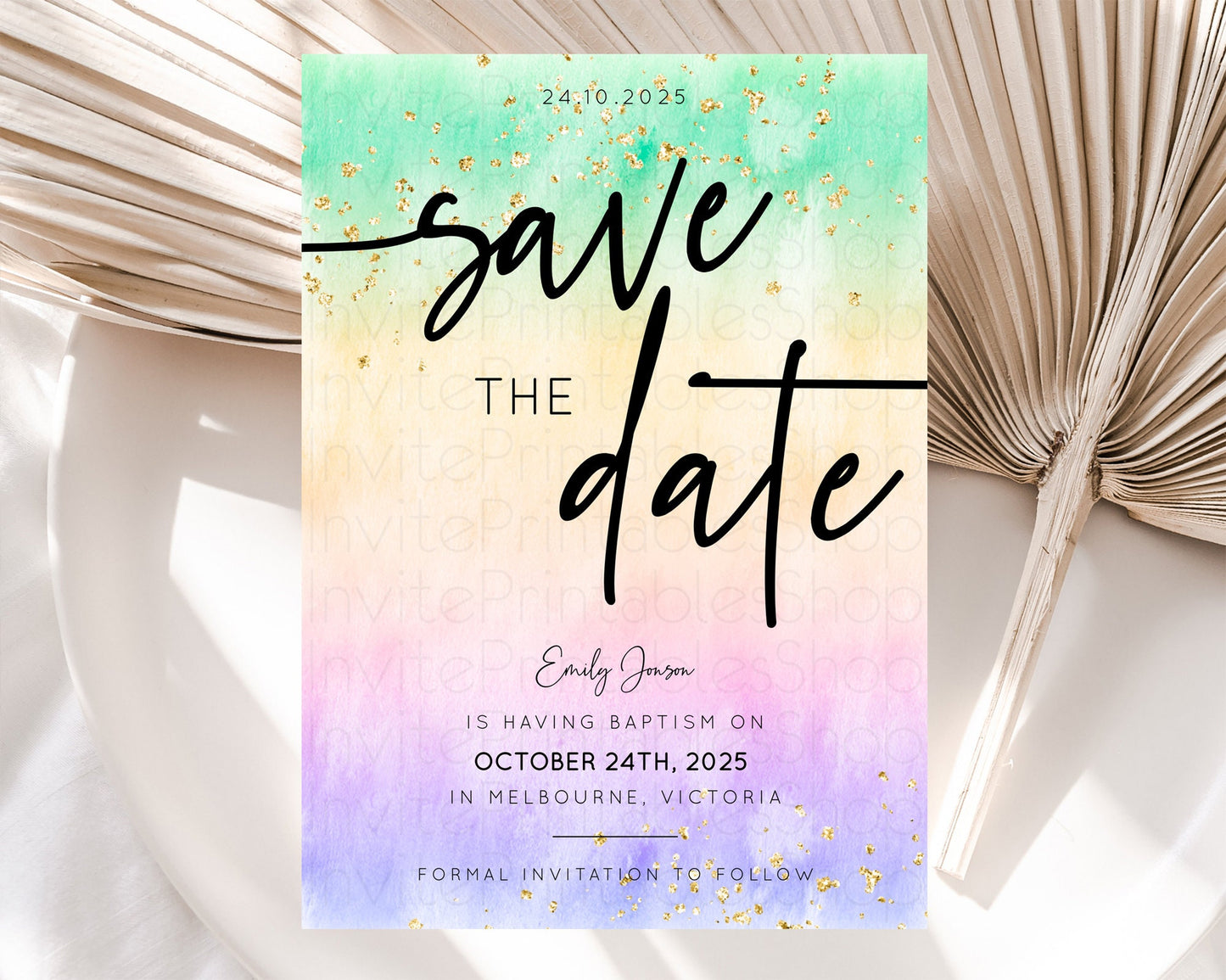 Pastel Save The Date Template Pastel Ombre Rainbow Watercolor Colorful Party For Birthday Baptism Baby Shower Wedding Bridal Shower D10485