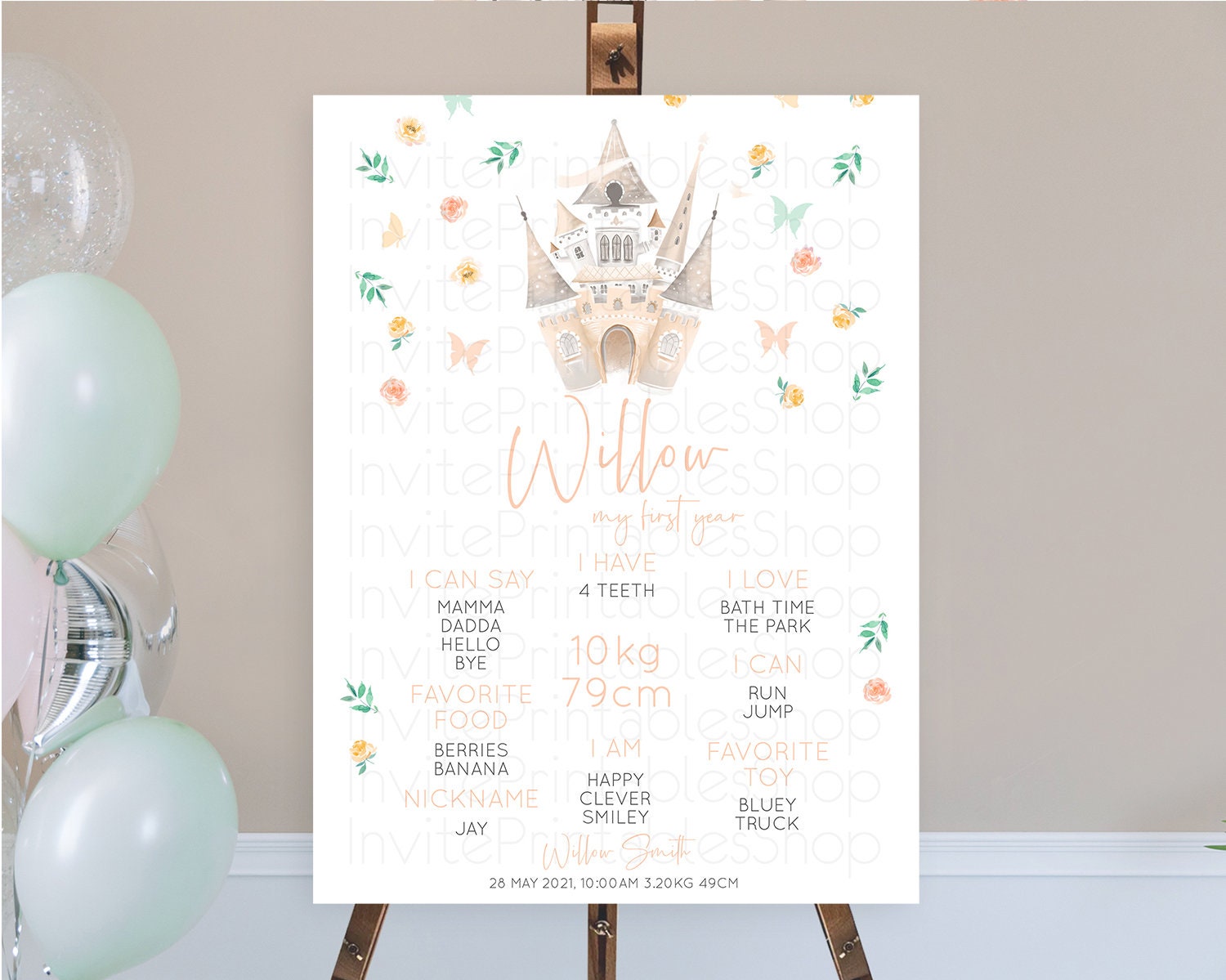 Editable Princess First Birthday Milestone Poster Castle Milestone Board Sec