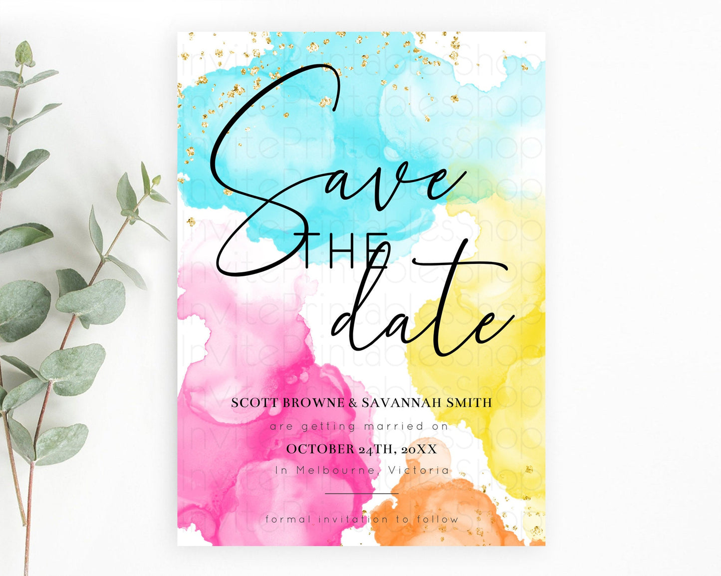 Pastel Save The Date Template Pastel Ombre Rainbow Watercolor Colorful Party For Birthday Baptism Baby Shower Wedding Bridal Shower D10898