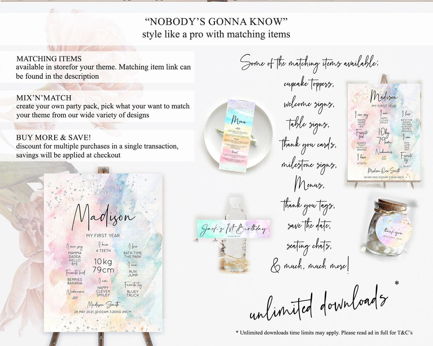 Pastel Rainbow First Birthday Milestone Board Pastel Milestone Poster Colorful Confetti Watercolor Silver 1st Birthday Welcome Sign D10945