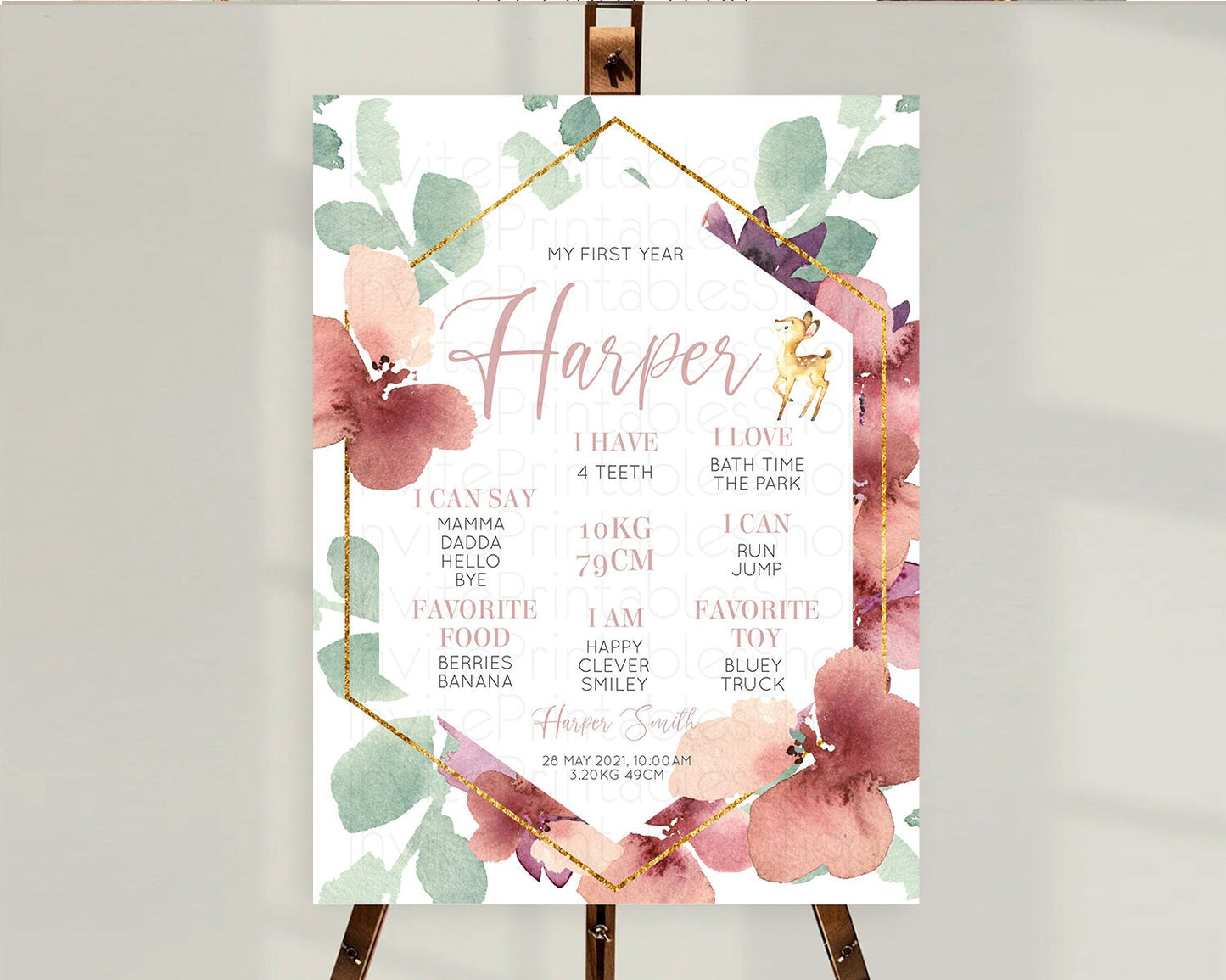 Fawn First Birthday Milestone Board Deer First Birthday Milestone Poster Enchanted Forest Butterfly Pastel Flowers 1st Birthday Sign D10915