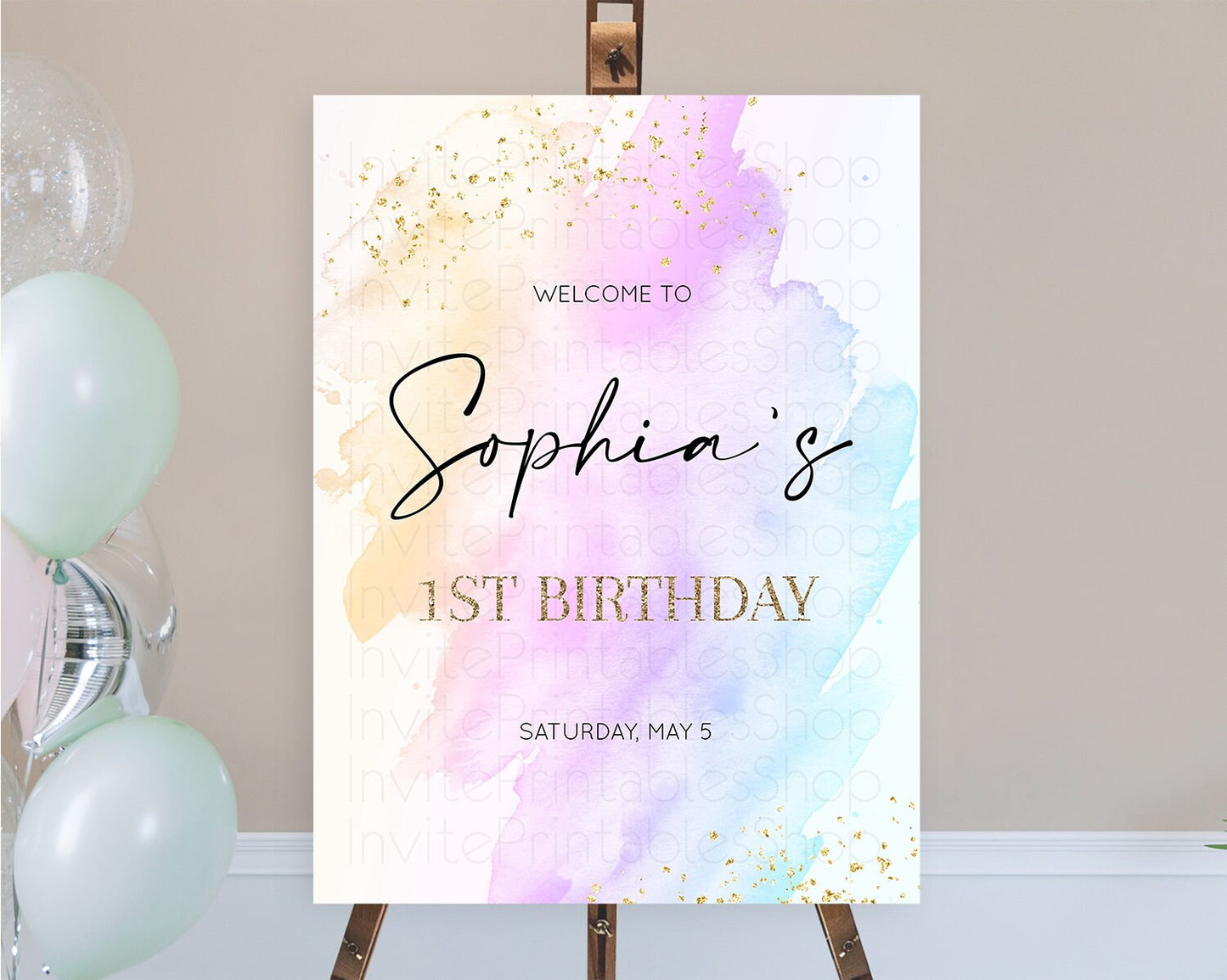 Pastel Welcome Sign Pastel Rainbow Welcome Sign Colorful Rainbow Confetti Watercolor Glitter Pastel First Birthday Welcome Sign D10175