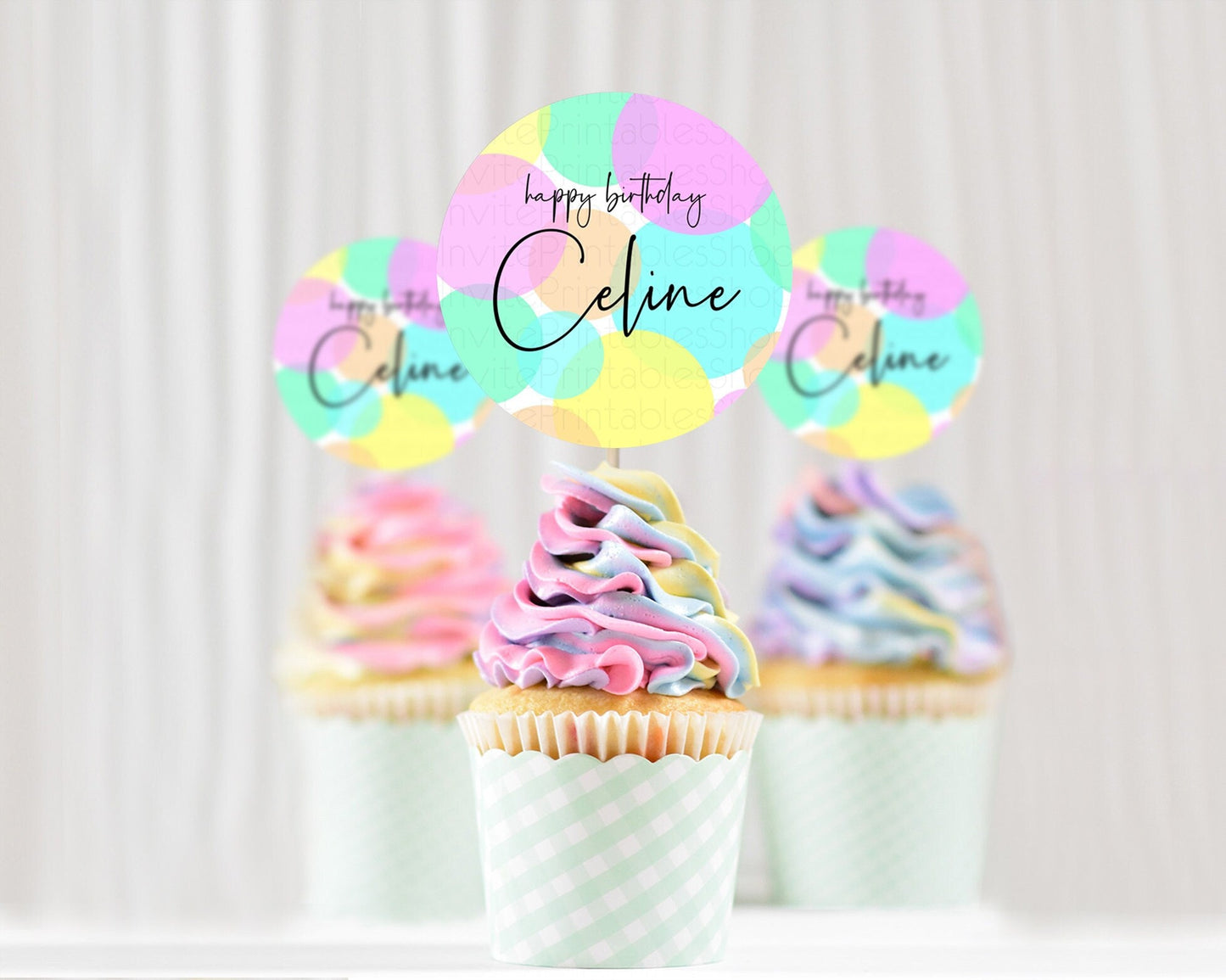 Pastel Cupcake Toppers Pastel Confetti Cupcake Topper Bubbles Sprinkles Colorful Rainbow Confetti Cupcake First Birthday Party Decor D10409