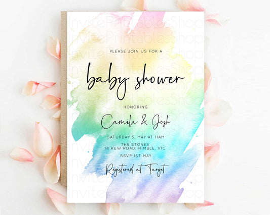 Pastel Baby Shower Invitation Rainbow Baby Shower Invitation Colorful Pastel Watercolor Invitation Gold Glitter Sprinkles Ombre D10279