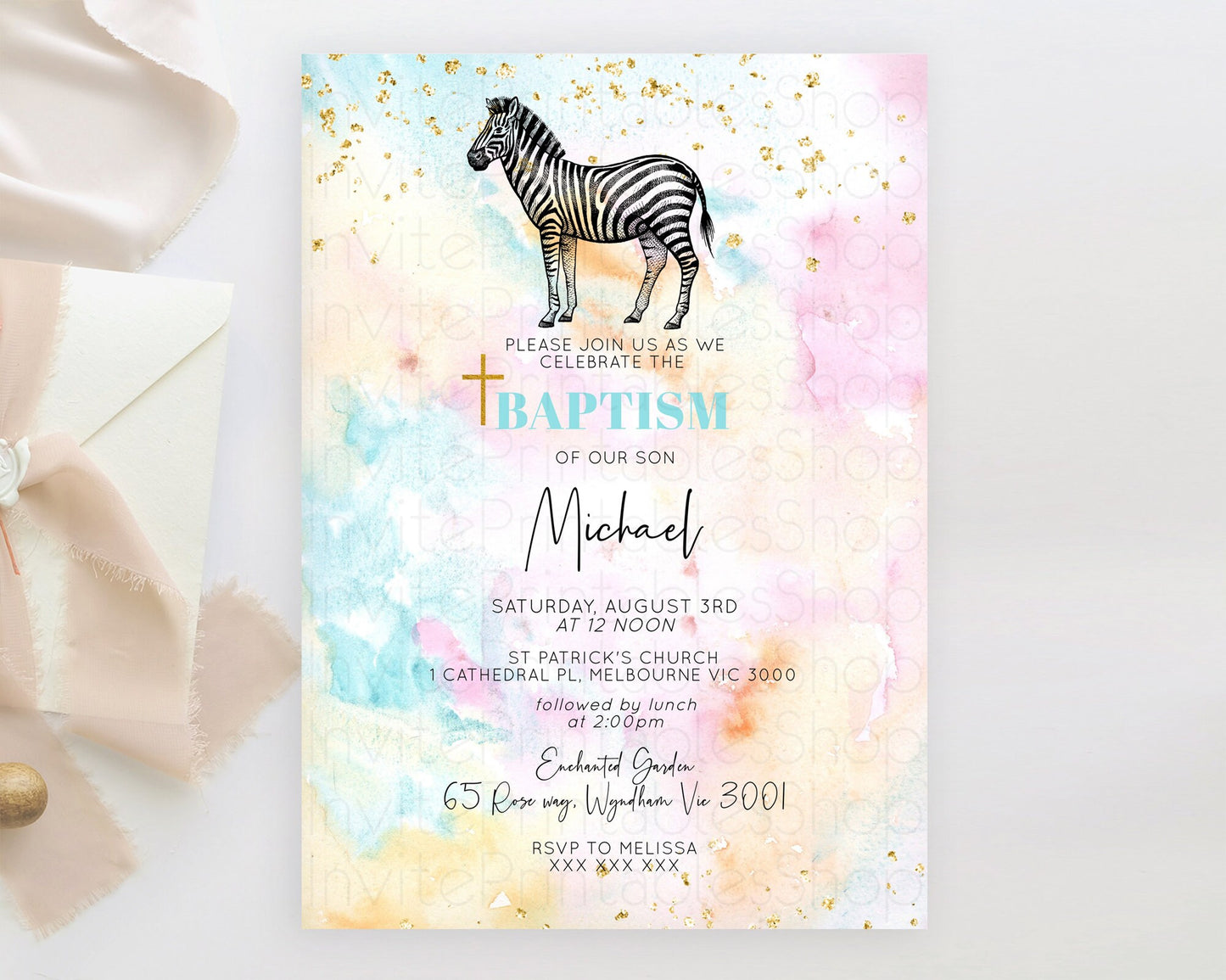 Pastel Zebra Baptism Invitation Watercolor Zebra Baptism 1st Birthday Invitation Rainbow Zebra Christening Invite Colorful Safari  D10281