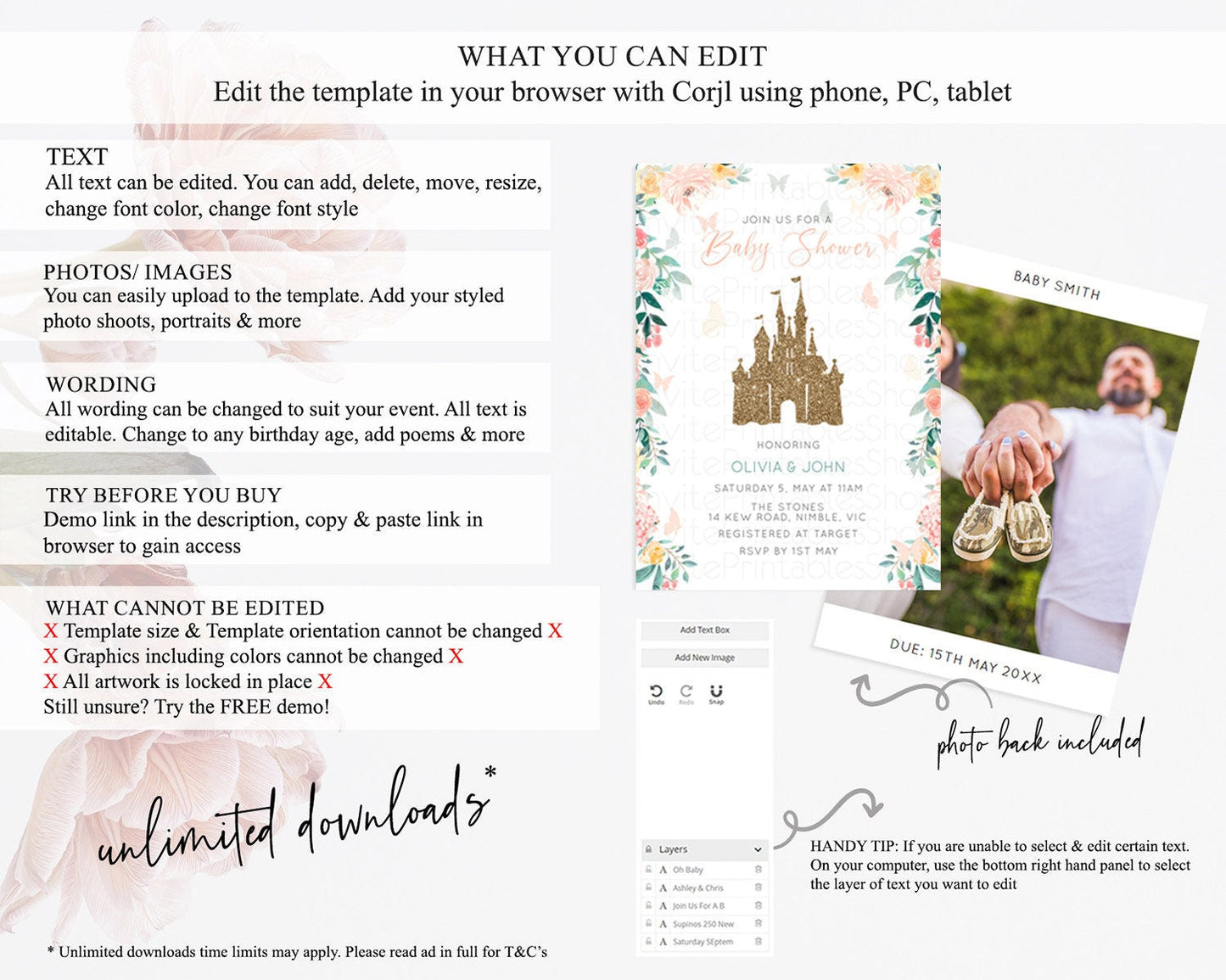 Princess Baby Shower Invitation, Enchanted Castle, Fairy Garden, Pastel Green, Orange, Pink Floral, Butterflies - Glitter Pixie Magic D10925