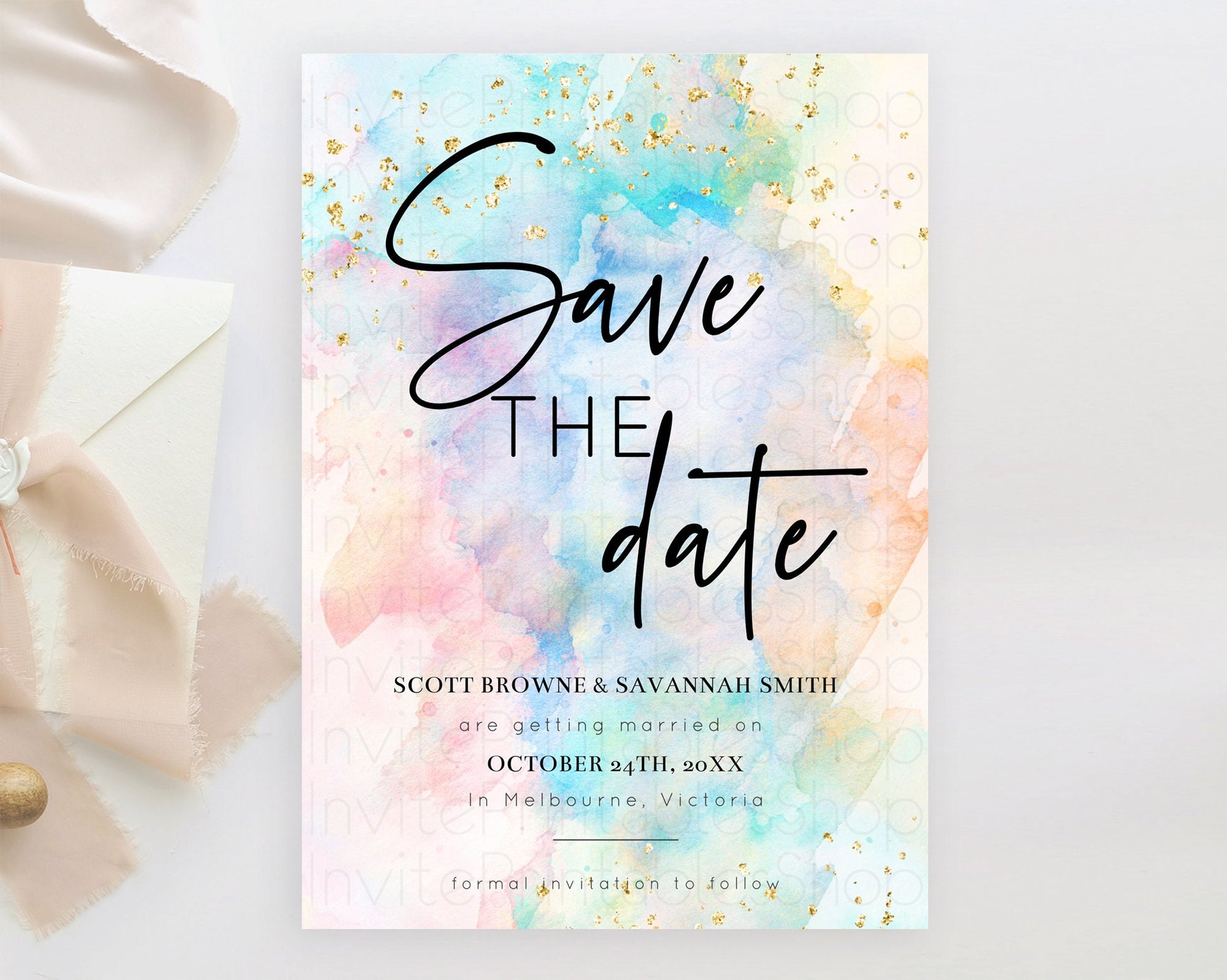 Editable Pastel Save The Date Template Pastel Ombre Rainbow Watercolor Color