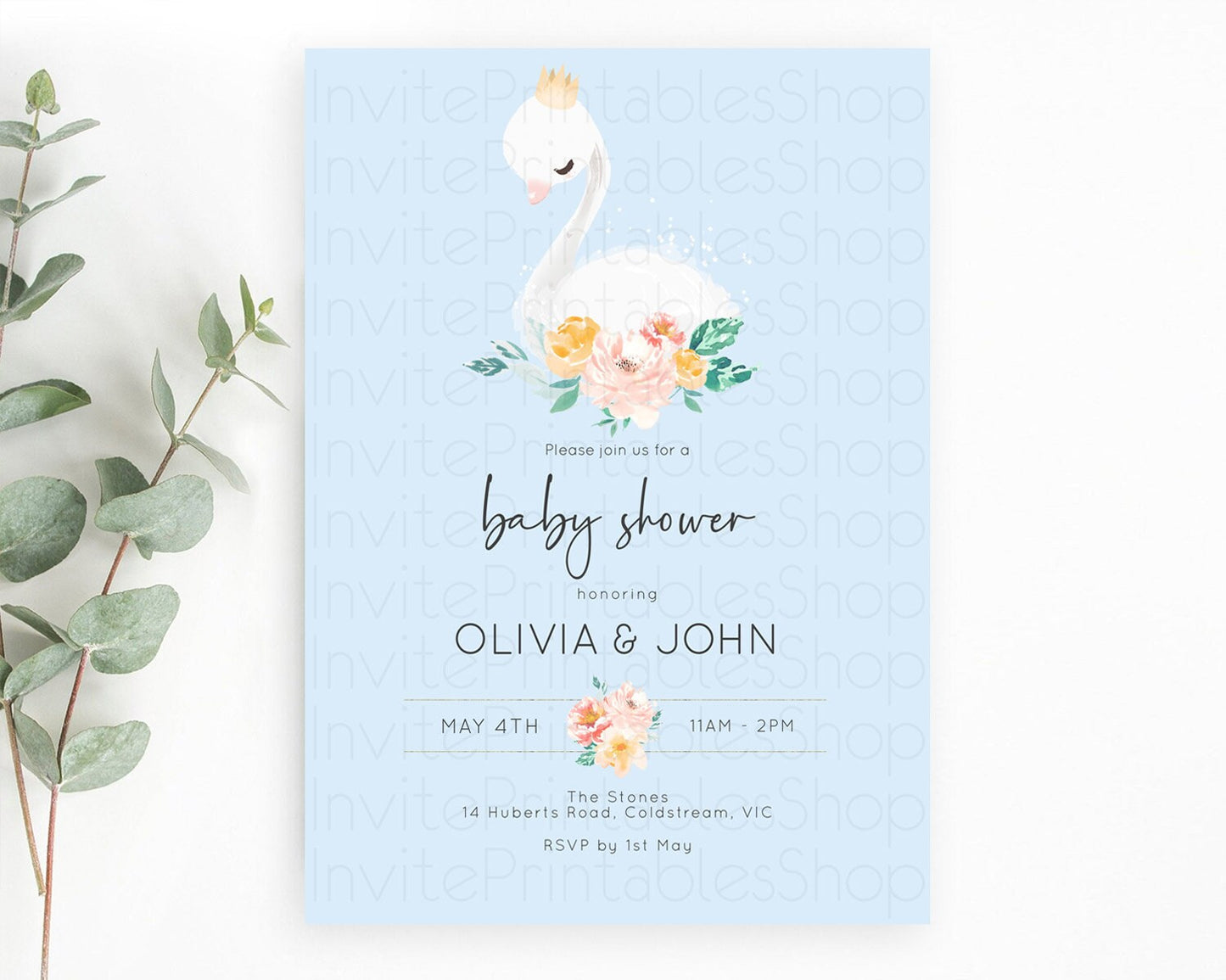 Swan Lake Baby Shower Invitation, Secret Garden, White Swan Princess Ballet, Watercolor Pink Green Floral, Butterflies, Soft Blue D10903