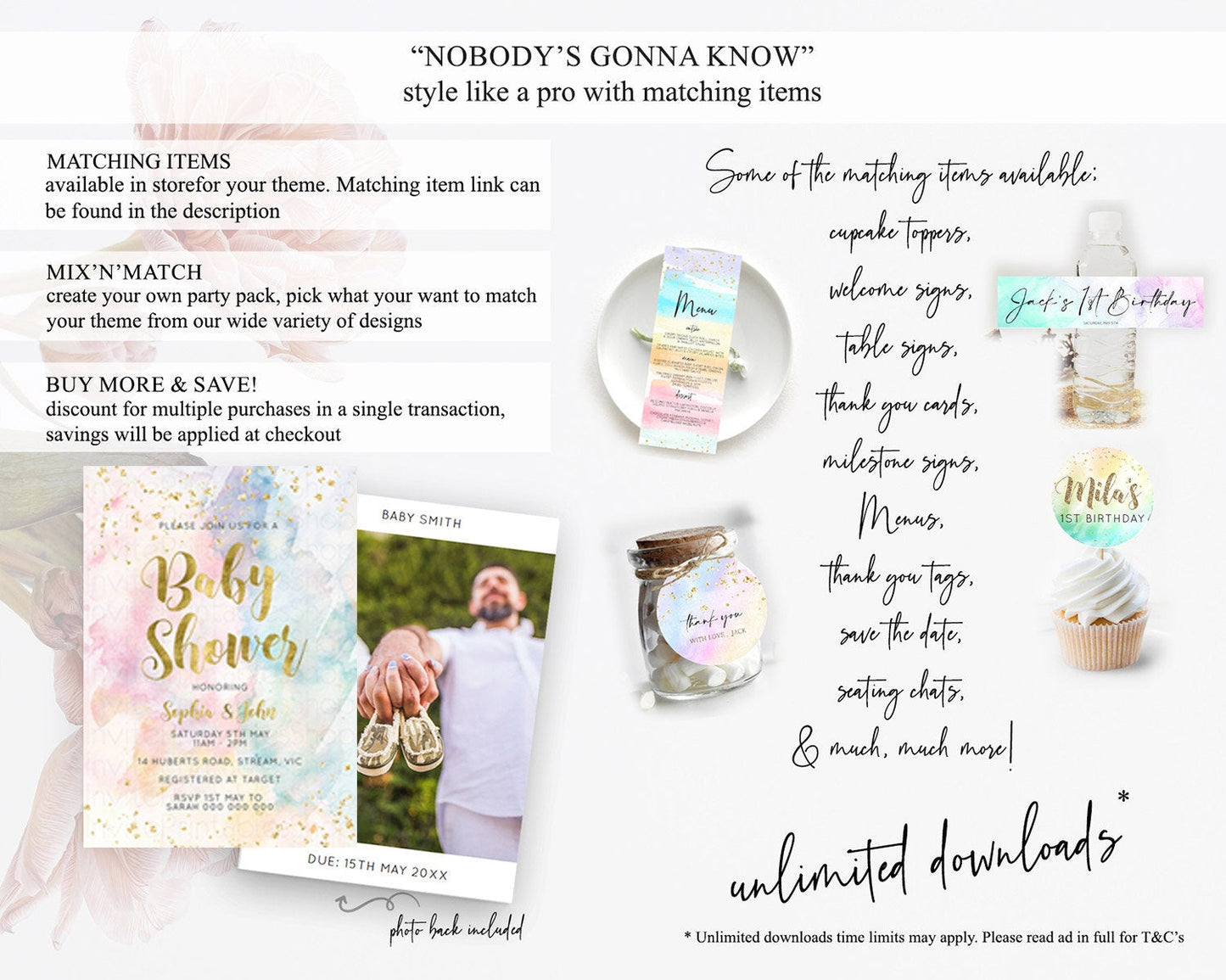 Pastel Rainbow Baby Shower Invitation, Colorful Watercolor with Gold Glitter Sprinkles, Rainbow Ombre Splash - Pink, Blue, Yellow D10265