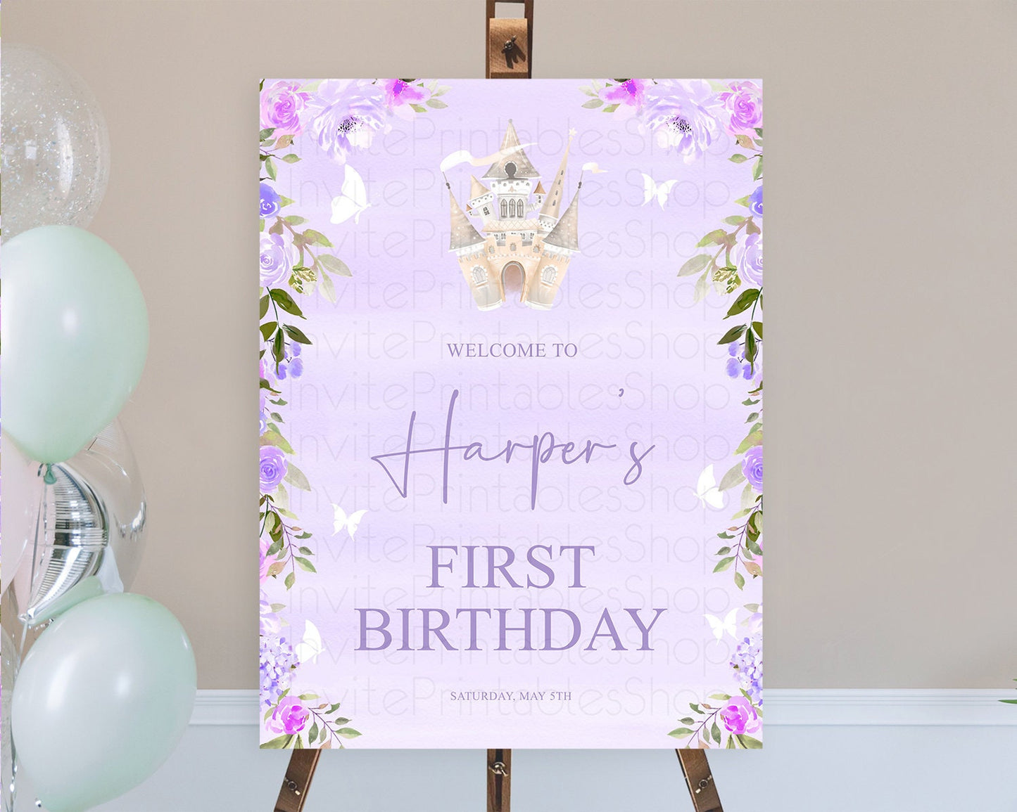 Princess Birthday Welcome Sign Castle Welcome Board Secret Garden Enchanted Castle Pastel Floral Garden First Birthday Welcome Sign D10339