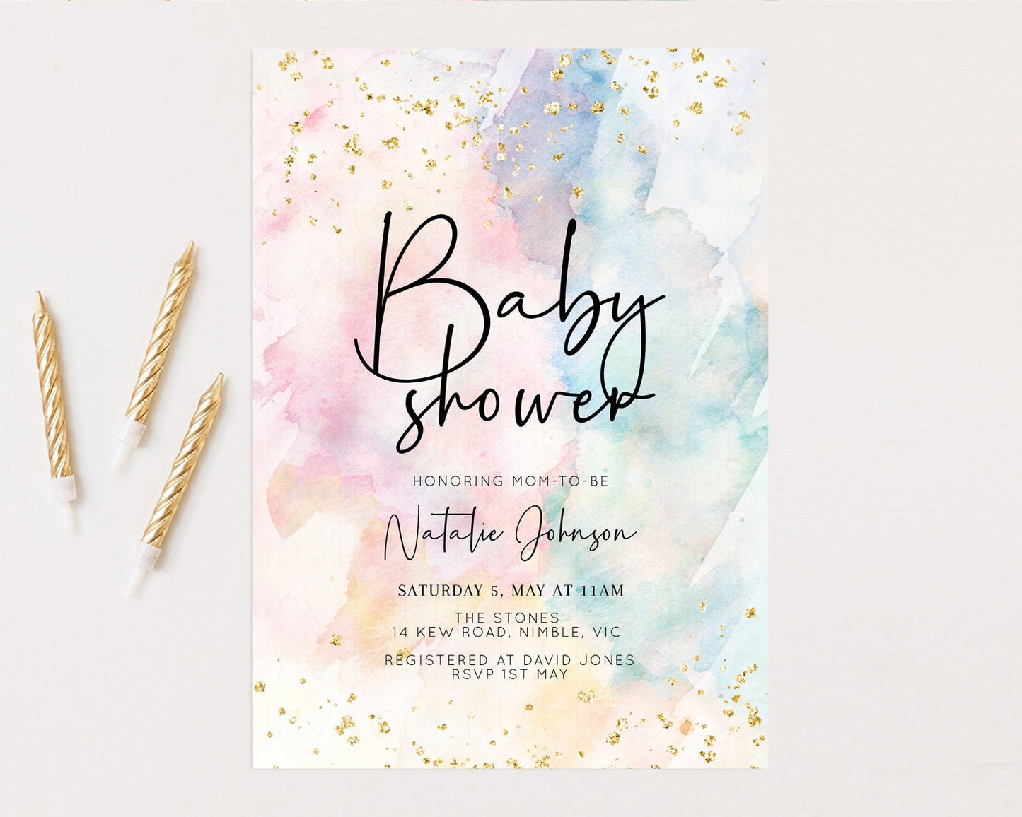 Rainbow Baby Shower Invitation Pastel Baby Shower Invitation Watercolor Ombre Invitation Rainbow Pastel Colors Invite Glitter Confetti 276