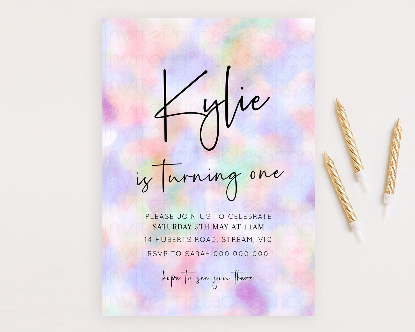 Rainbow Birthday Invitation Colorful Pastel Watercolor Invitation Gold Glitter Sprinkles Ombre Pastel 1st 2nd 3rd Birthday D10697