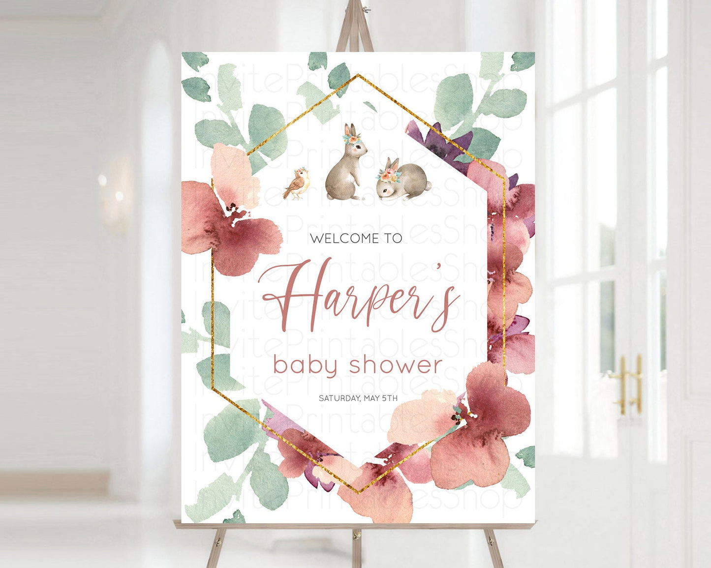 Bunny Baby Shower Welcome Sign Floral Bunny Welcome Board Pastel Flowers Woodland Bunny Welcome Poster Forest Bunny Welcome Sign D11033