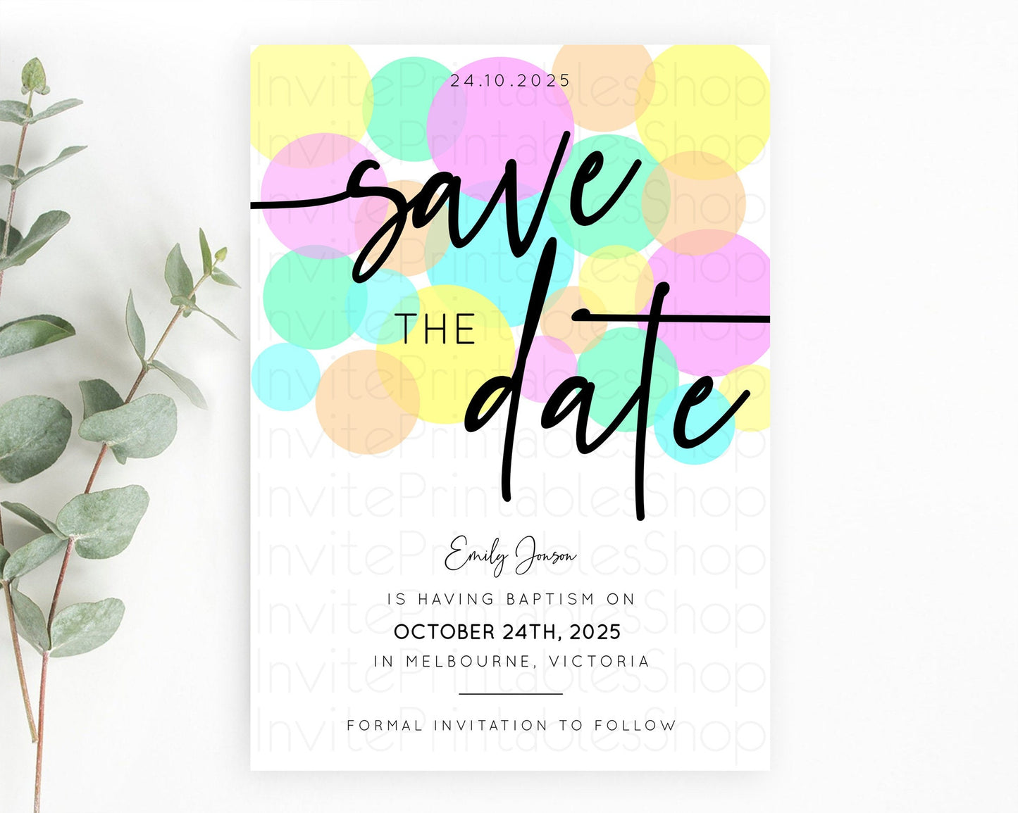 Pastel Confetti Save The Date Template Rainbow Colorful Sprinkles Party For 1st Birthday Baptism Baby Shower Wedding Bridal Shower D10410