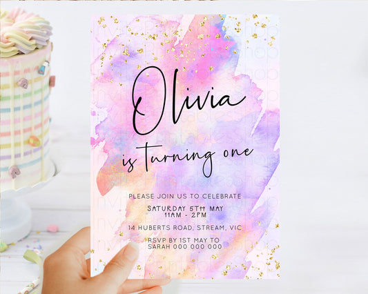 Pastel Birthday Invitation Ombre Watercolor Birthday Invitation Glitter Rainbow Color Splash 1st 2nd 3rd Birthday Invitation D23067