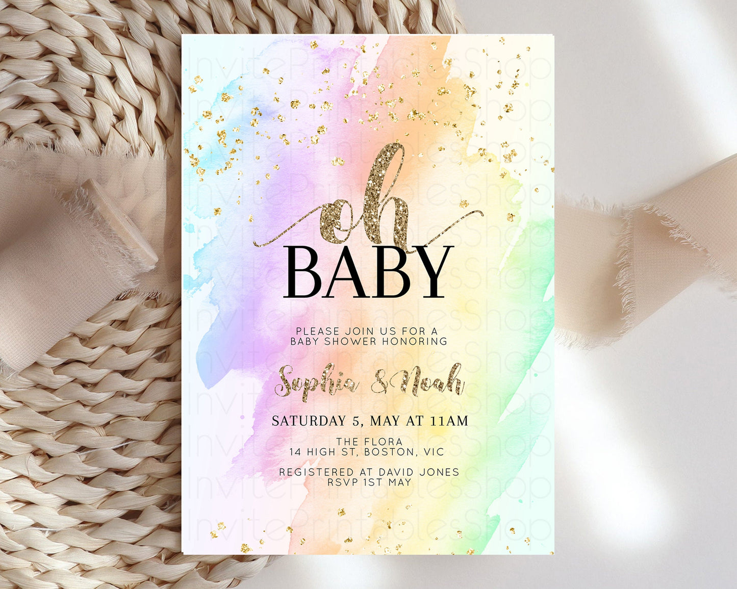 Rainbow Baby Shower Invitation Pastel Watercolor Invitation Ombre Splash Invite Glitter Confetti Sprinkles Colorful Gender Neutral 604v2