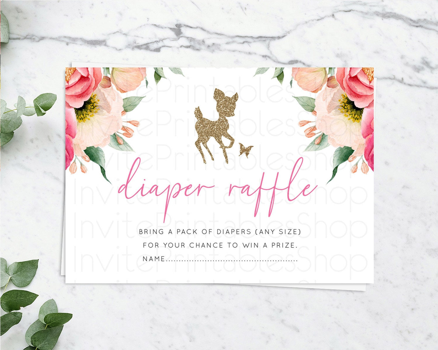 Fawn Diaper Raffle Card Deer Diaper Insert Floral Deer Diaper Ticket Enchanted Forest Butterfly Pastel Baby Shower Raffle Game D10326