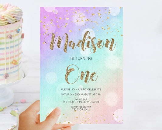 Rainbow Birthday Invitation Colorful Pastel Watercolor Invitation Gold Glitter Sprinkles Ombre Pastel 1st 2nd 3rd Birthday D10621