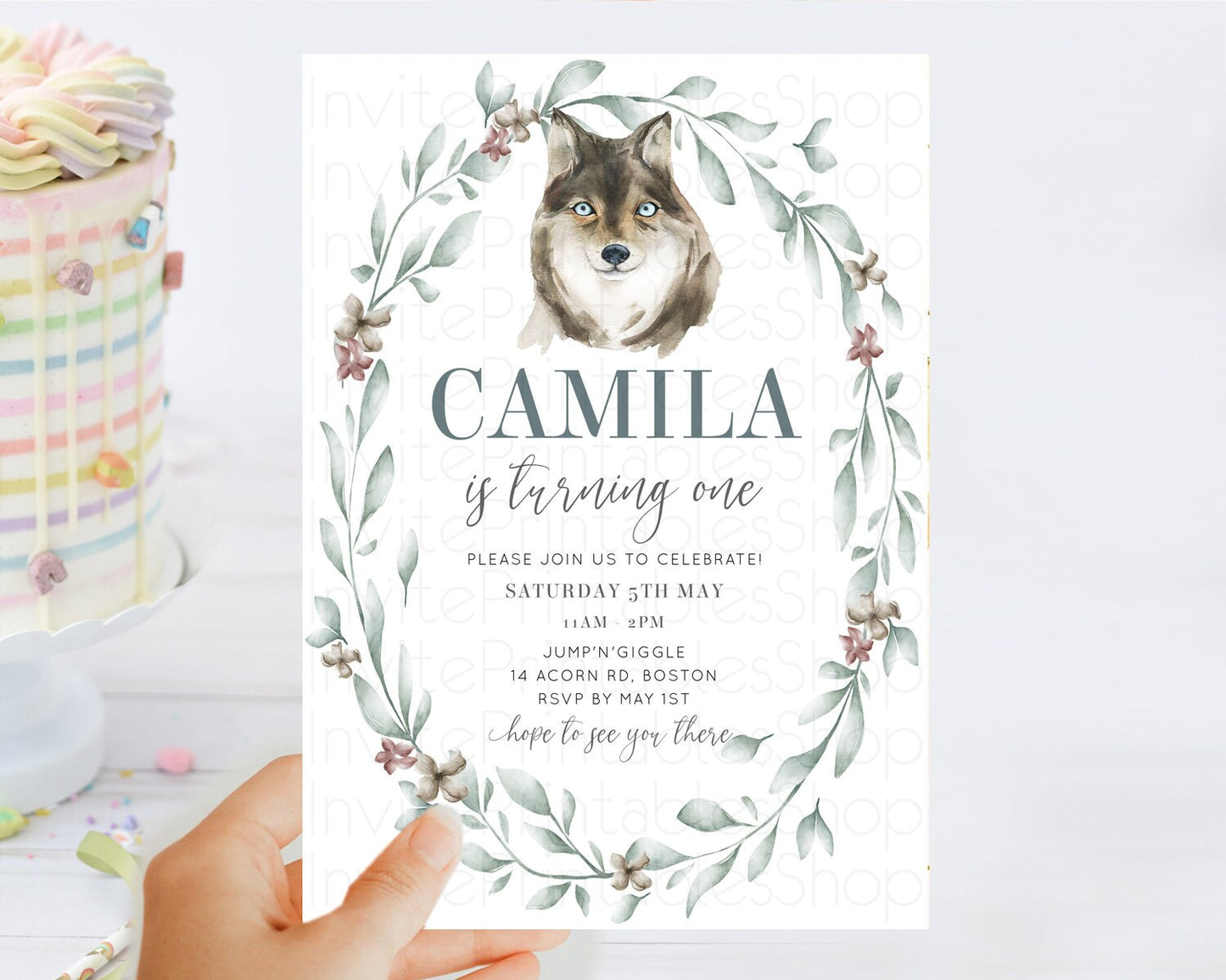 Wolf Birthday Invitation Wolf Invitation Pastel Wolf Birthday Enchanted Forest Woods Wolf Floral Invitation Howling Birthday Party 100204