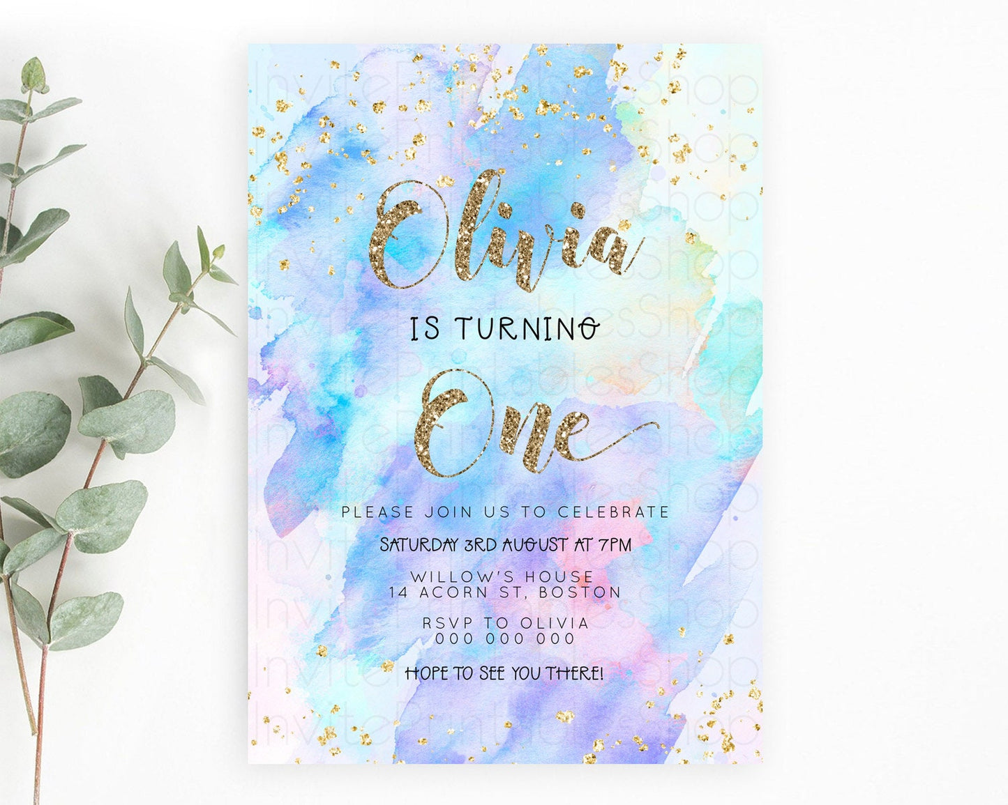 Rainbow Birthday Invitation Colorful Pastel Watercolor Invitation Gold Glitter Sprinkles Ombre Pastel 1st 2nd 3rd Birthday D23292