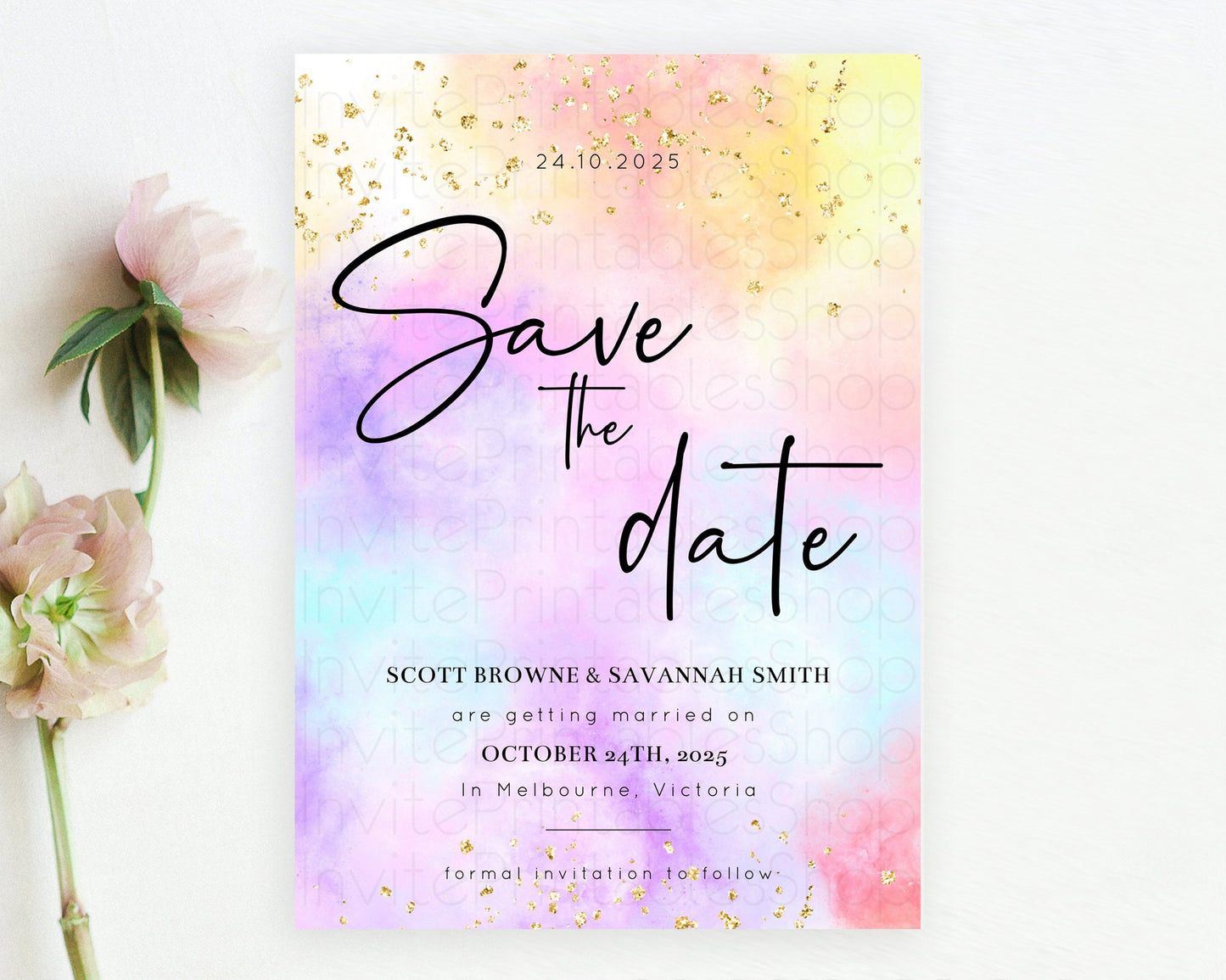 Pastel Save The Date Template Pastel Ombre Rainbow Watercolor Colorful Party For Birthday Baptism Baby Shower Wedding Bridal Shower D10438