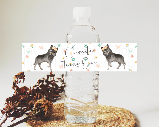 Wolf Water Label Template Pastel Floral Wolf Party Decor Forest Adventure Wilderness Theme Birthday Baptism Christening Baby Shower D10362