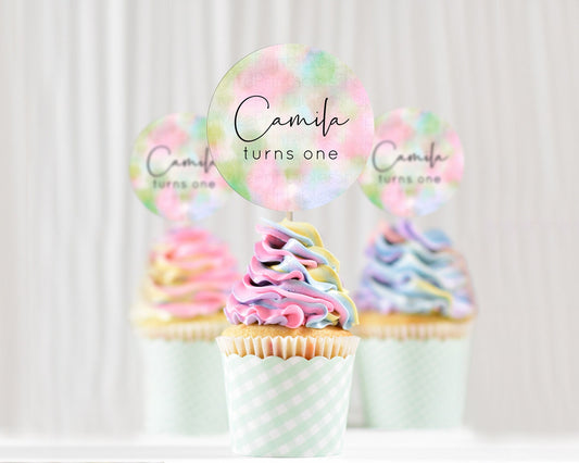 Editable Rainbow Cupcake Toppers Pastel Cupcake Toppers Colorful Pastel Wate