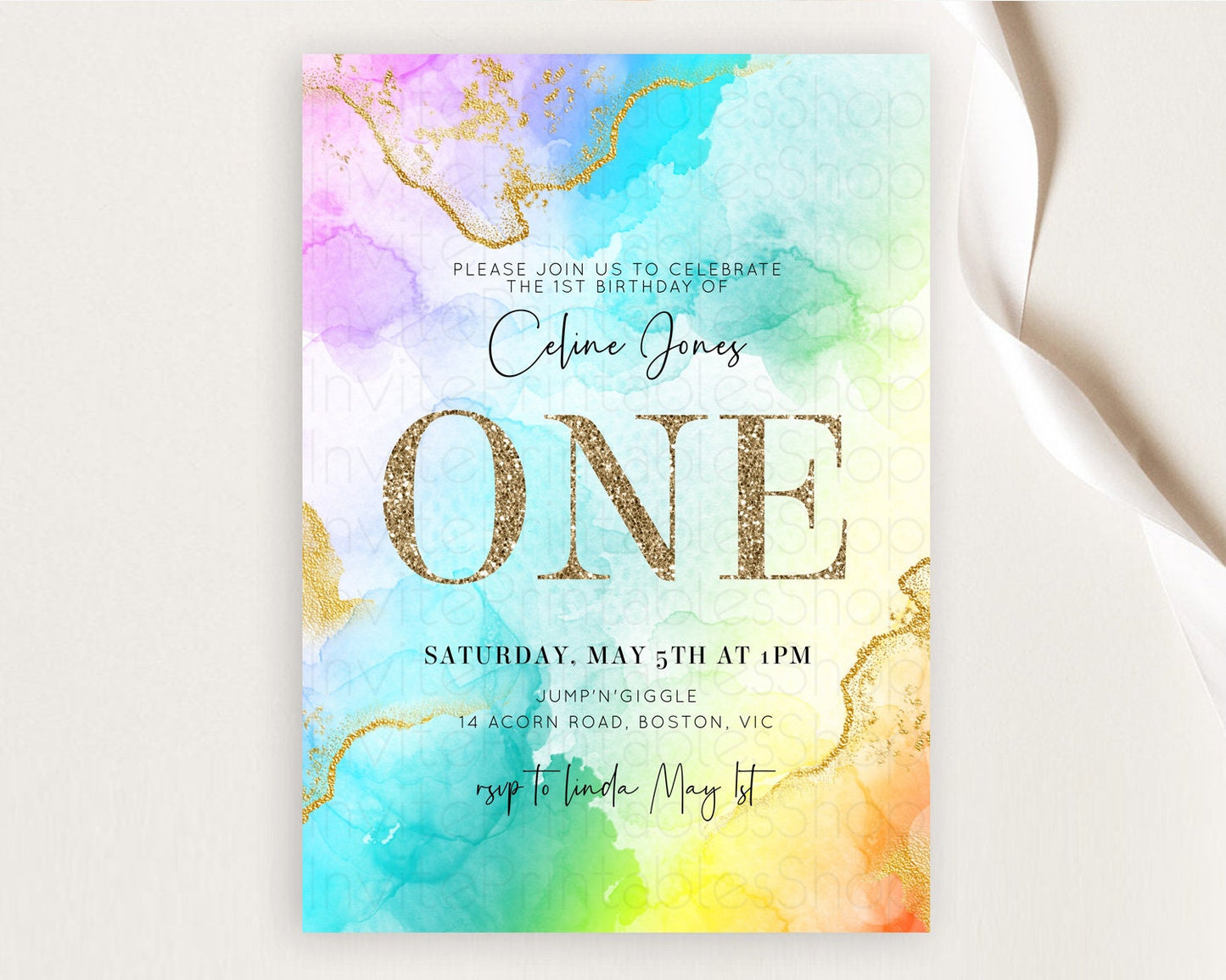 Rainbow Birthday Invitation Colorful Pastel Watercolor Invitation Gold Glitter Sprinkles Ombre Pastel 1st 2nd 3rd Birthday D10393