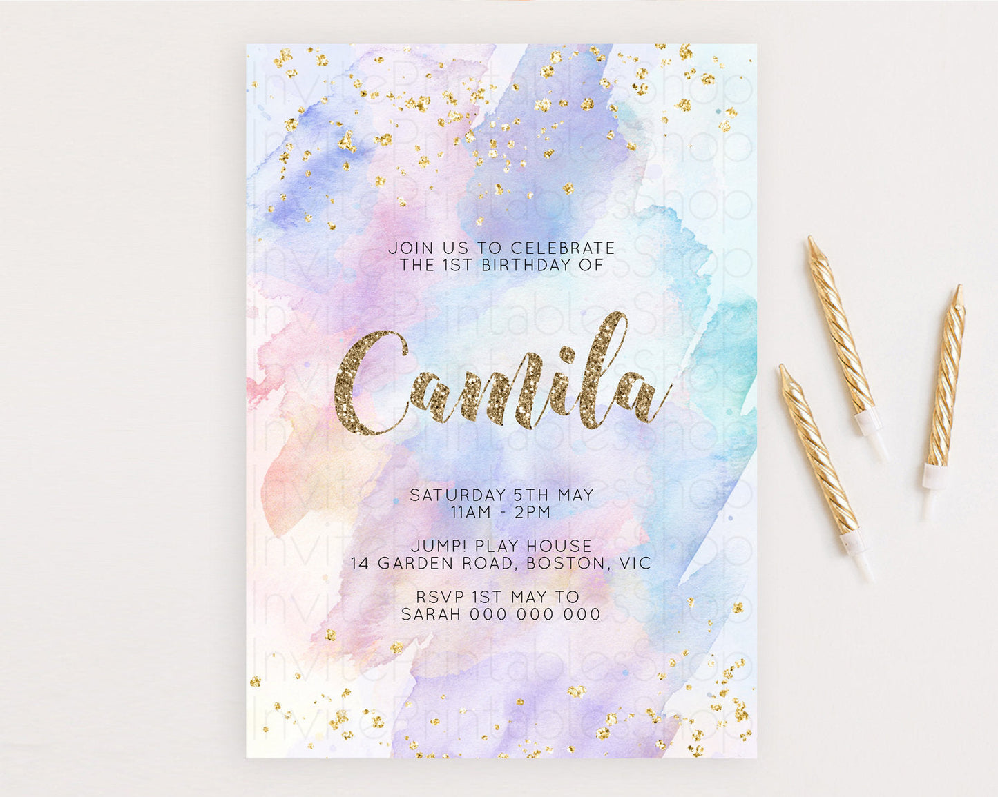 Rainbow Birthday Invitation Colorful Pastel Watercolor Invitation Gold Glitter Sprinkles Ombre Pastel 1st 2nd 3rd Birthday D10583