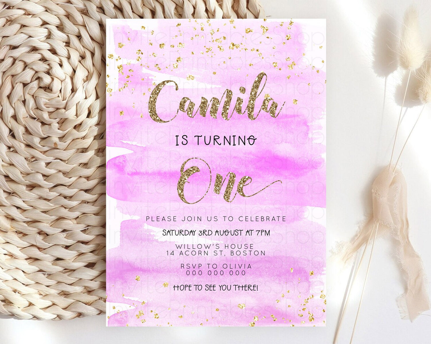 Pink Birthday Invitation pink Watercolor Invitation Pastel pink Watercolor Invitation pink Splash Gold Invitation 1st First Birthday D23279