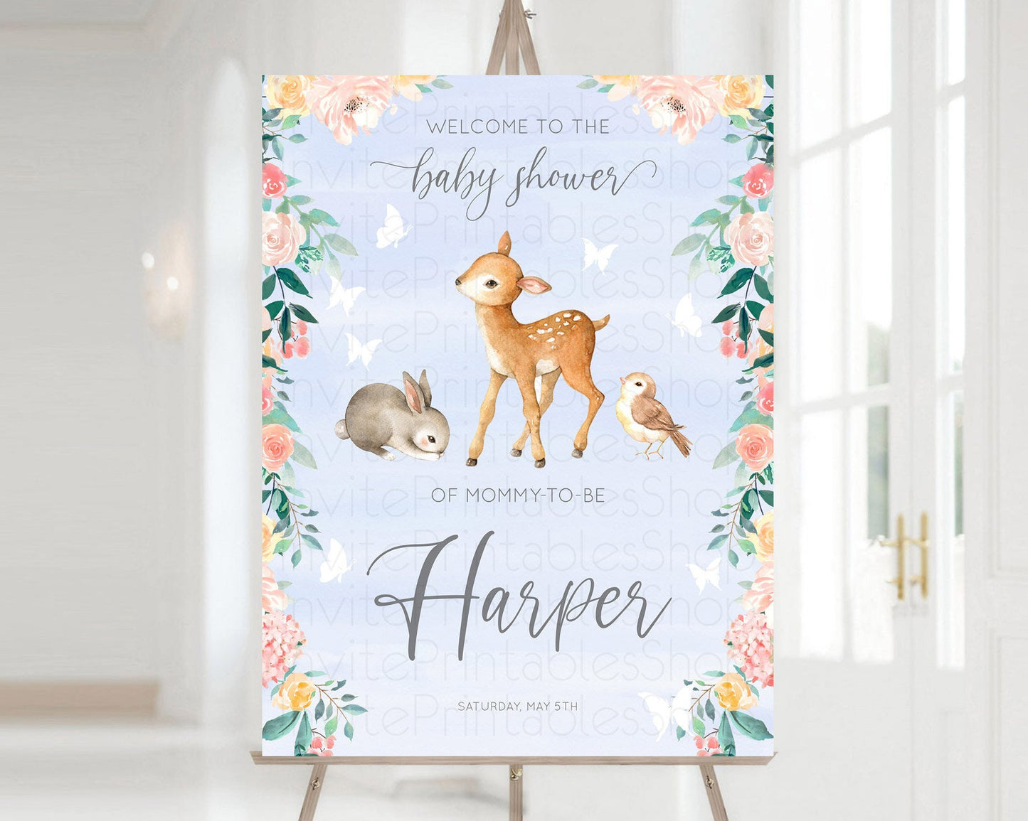 Fawn Baby Shower Welcome Sign Deer Welcome Board Floral Deer Welcome Poster Enchanted Forest Butterfly Pastel Floral Welcome Sign D10920