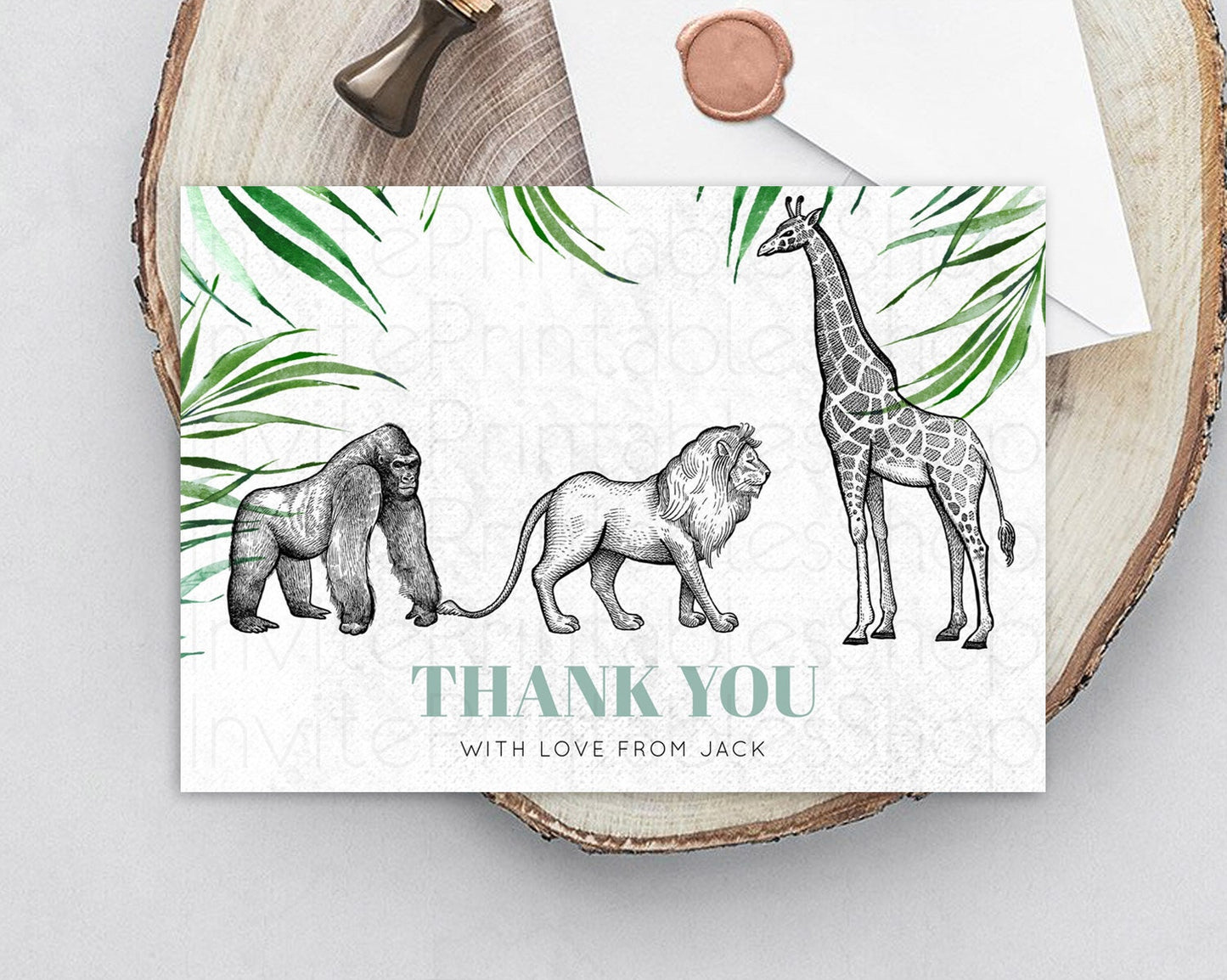 Safari Thank You Safari Thank You Cards Lion Gorilla Elephant Rhino Tropical Palm Zoo Birthday Thank You Safari Teacher Thank You D10853