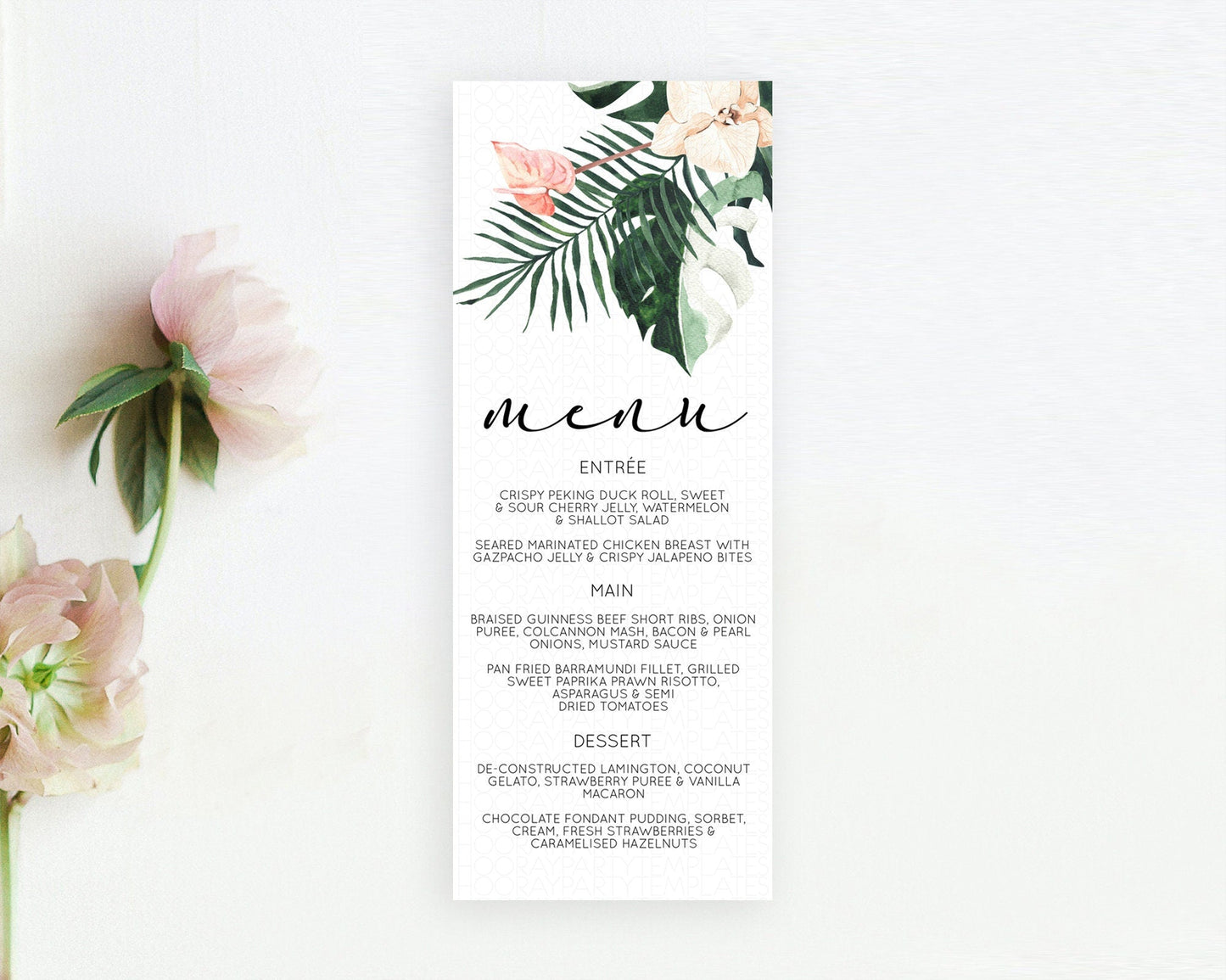Tropical Menu Template Tropical Menu Palm Leaf Fern Table Decor Frangipani Floral White Orchid Dinner Dessert Menu Party Food Menu D11016