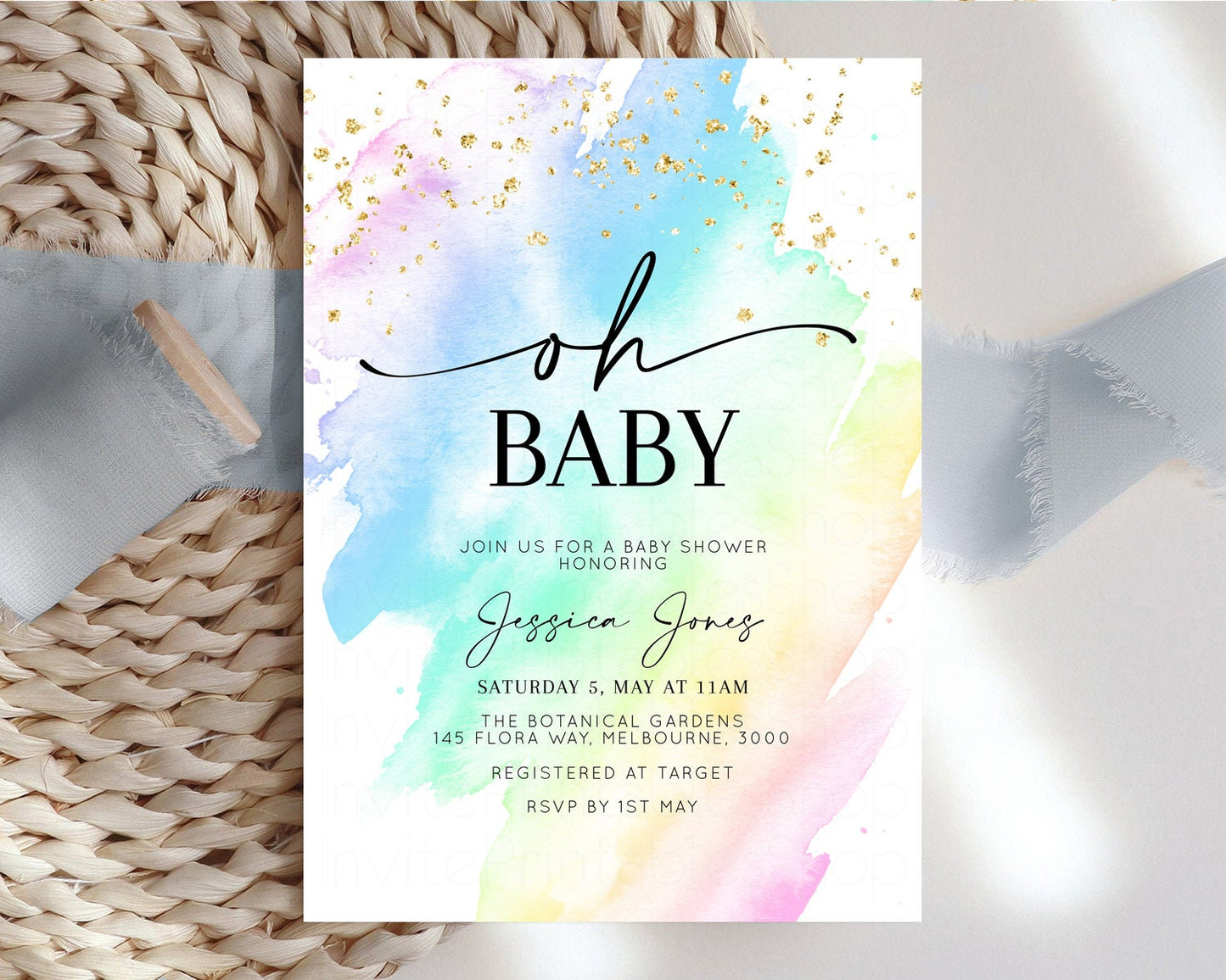 Rainbow Baby Shower Invitation Pastel Baby Shower Invitation Watercolor Ombre Invitation Rainbow Pastel Colors Invite Glitter Confetti t601