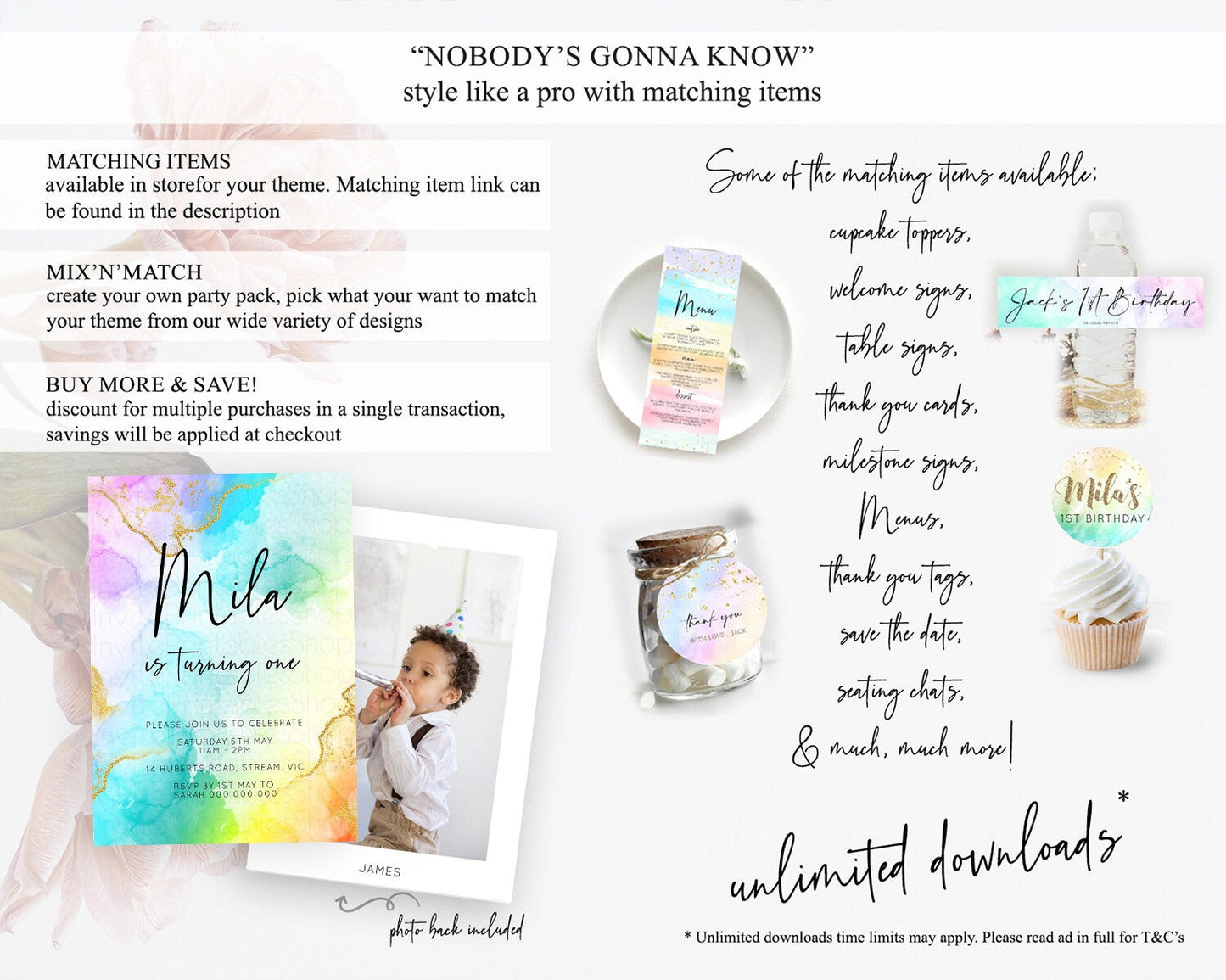 Rainbow Birthday Invitation Colorful Pastel Watercolor Invitation Gold Glitter Sprinkles Ombre Pastel 1st 2nd 3rd Birthday D10390