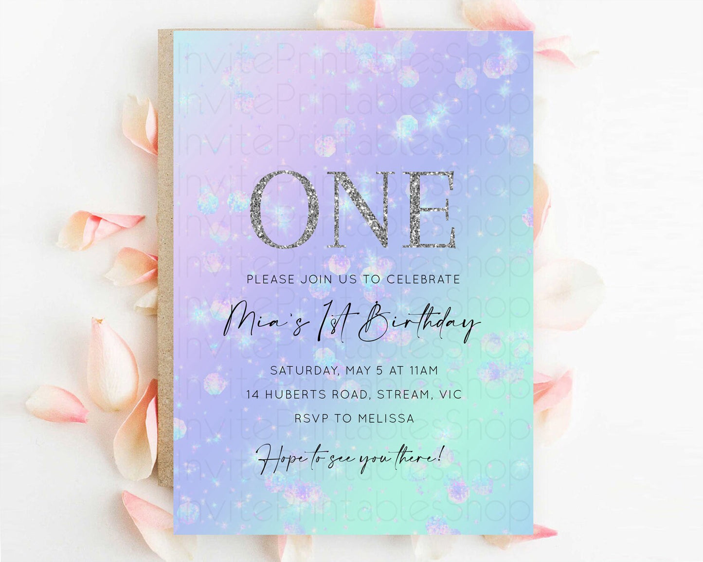 Rainbow Birthday Invitation Colorful Pastel Watercolor Iridescent Glitter Sprinkles Ombre Pastel Invitation 1st 2nd First Birthday D10663