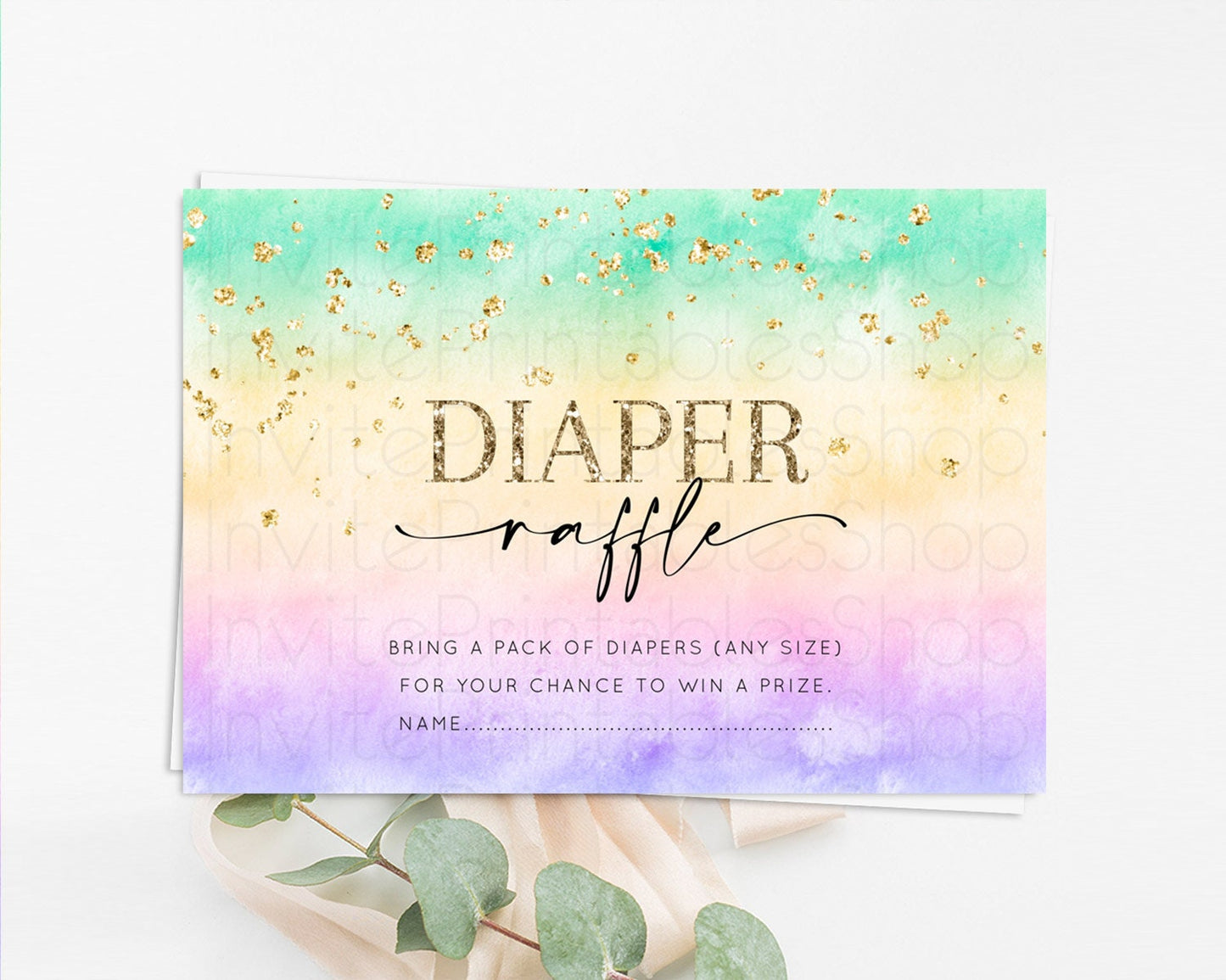 Pastel Diaper Raffle Card Pastel Rainbow Diaper Raffle Insert Colorful Ombre Watercolor Diaper Ticket Confetti Glitter Raffle Game D10481