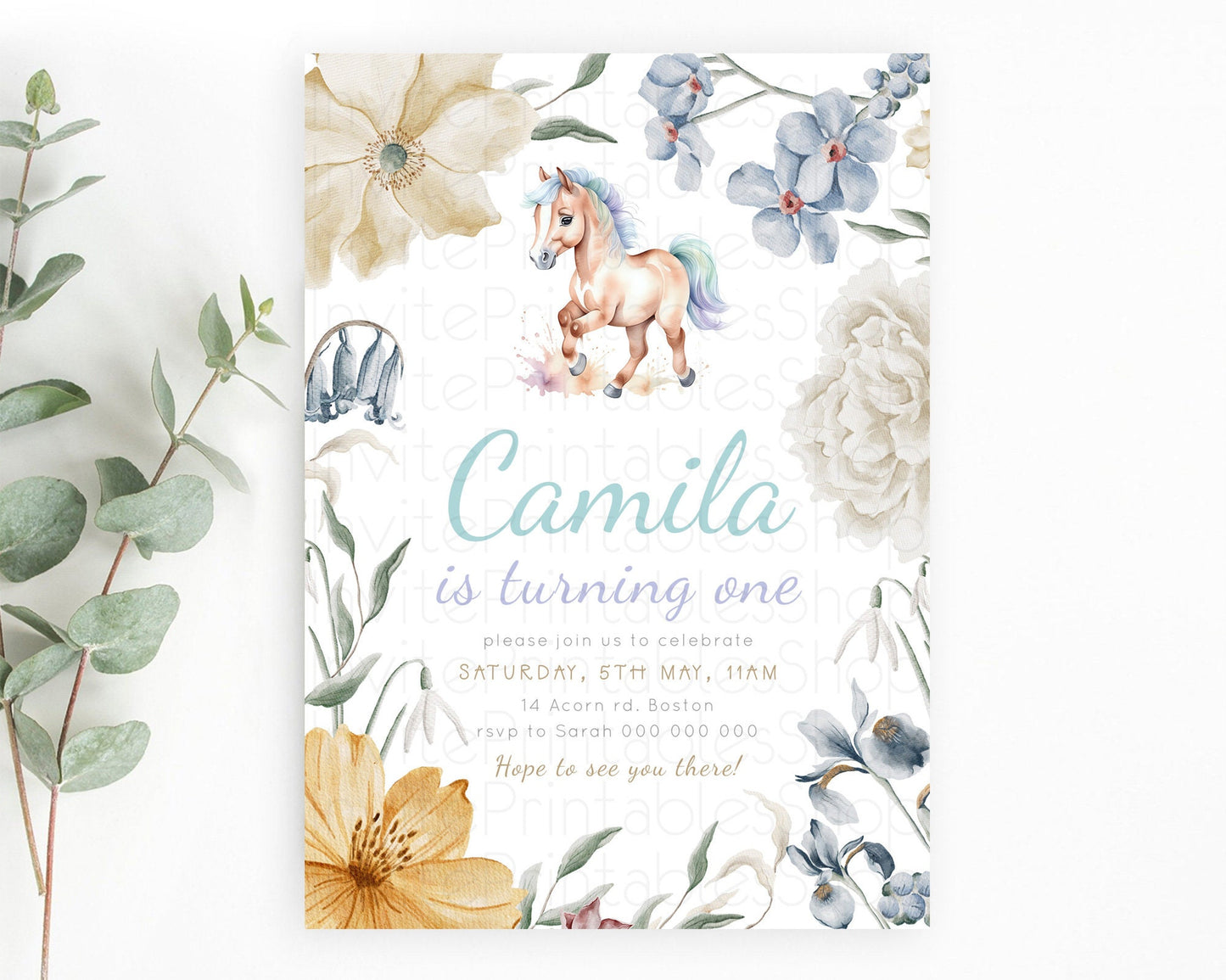 Horse Birthday Invitation, Galloping Wildflower Fields, Pastel Flowers, Butterflies, Flowers Accents for Equestrian & Cowgirls d23376