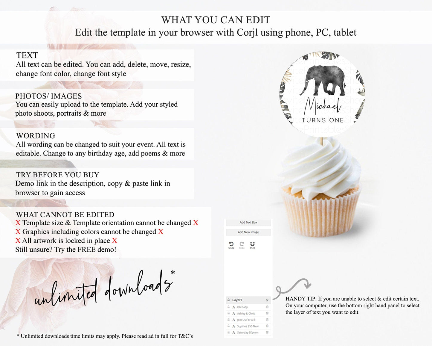 Elephant Cupcake Toppers Elephant Cupcake Elephant Party Safari Adventure Elephant Cupcake Topper Elephant Decor Zoo Fern Palm Leaf D10803