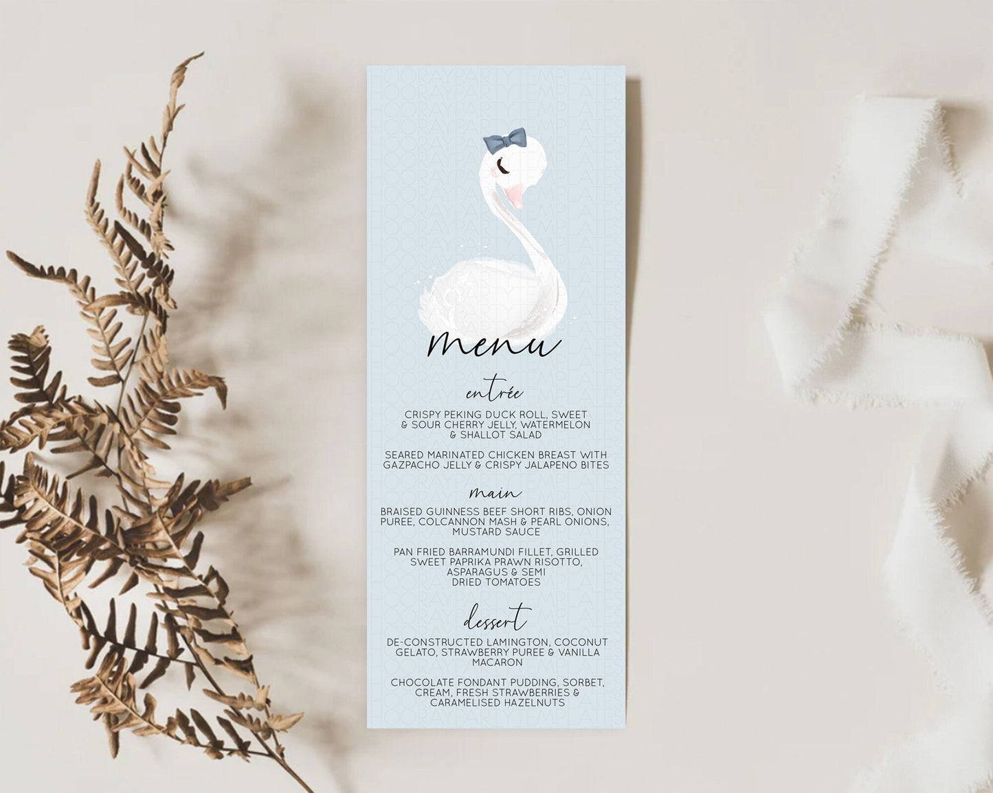 Swan Menu Swan Princess Ballet Menu Template Enchanted Swan Lake Table Decor Secret Garden Pastel Floral Dinner Dessert Food Menu D10760