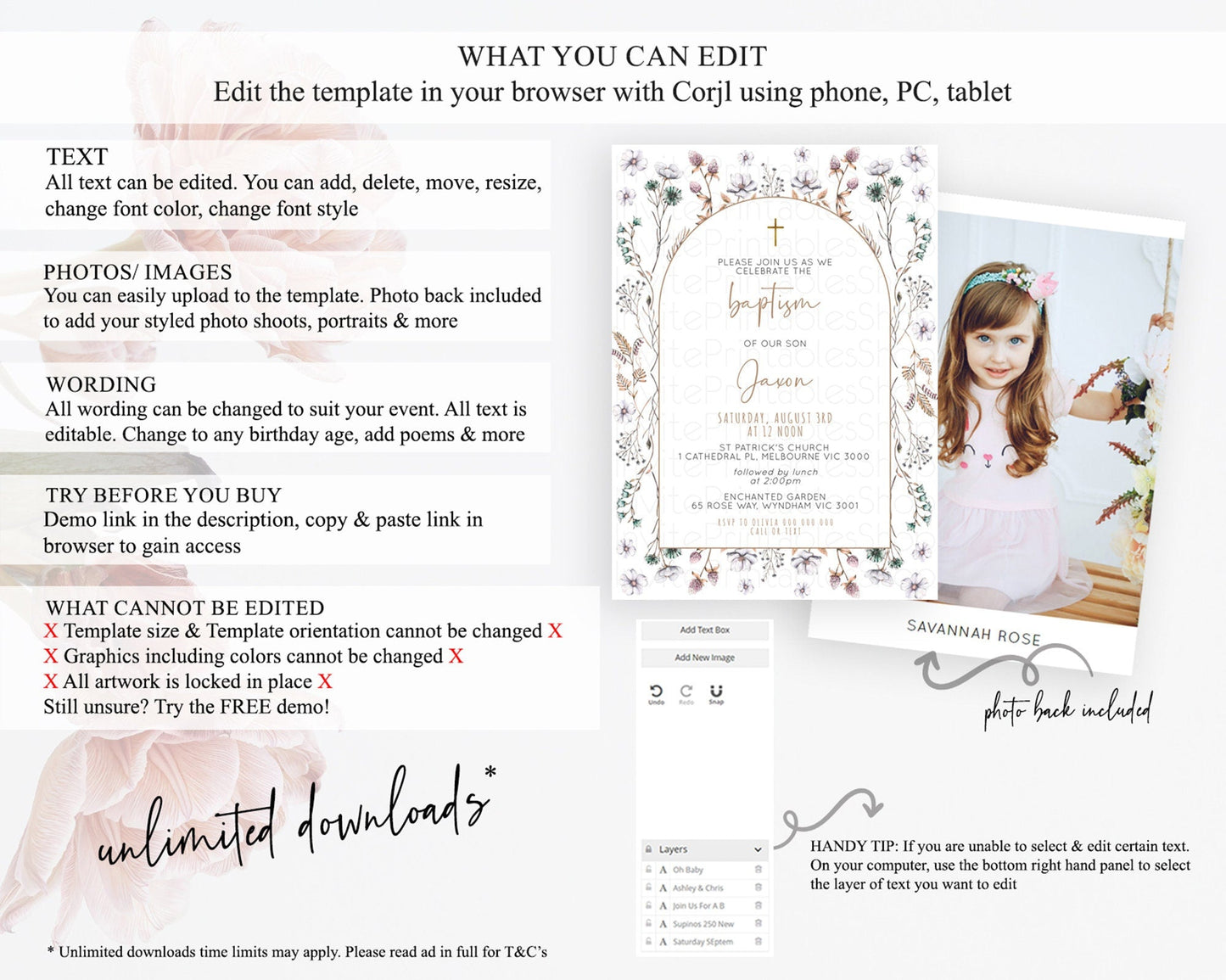 Secret Garden Baptism Invitation Wildflower Baptism Birthday Invite Pastel Flowers Christening Invite Enchanted Garden Boho Floral D10604