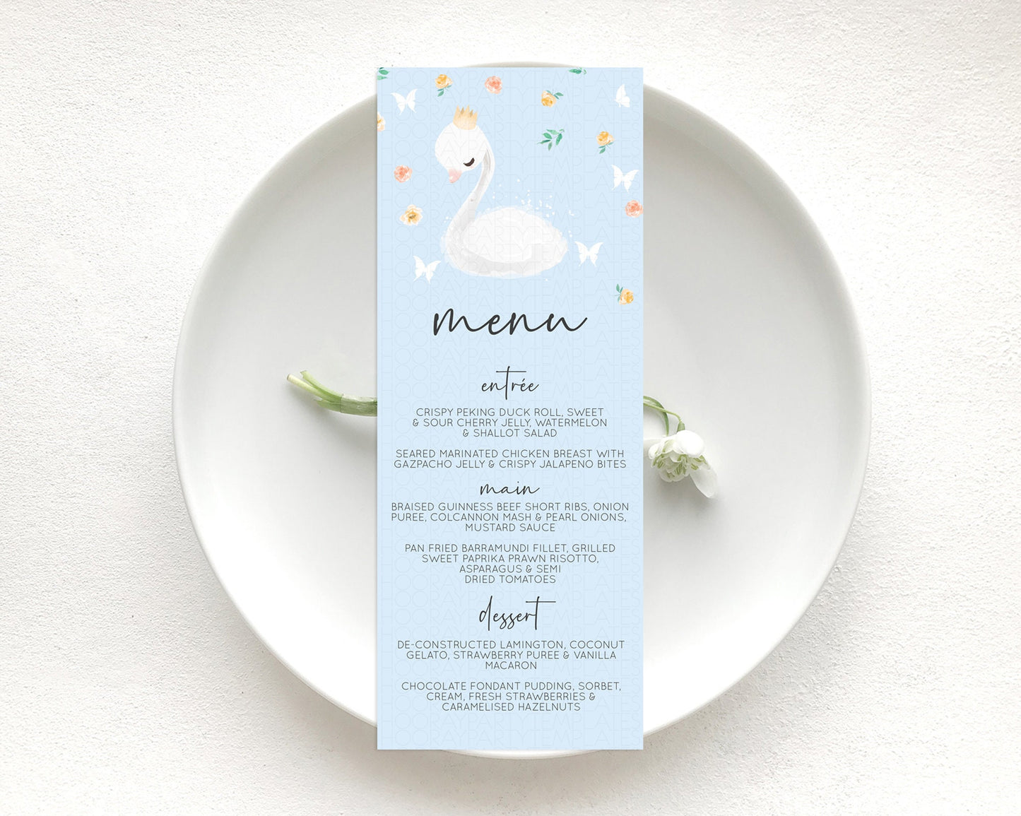 Swan Menu Swan Princess Ballet Menu Template Enchanted Swan Lake Table Decor Secret Garden Pastel Floral Dinner Dessert Food Menu  D10903