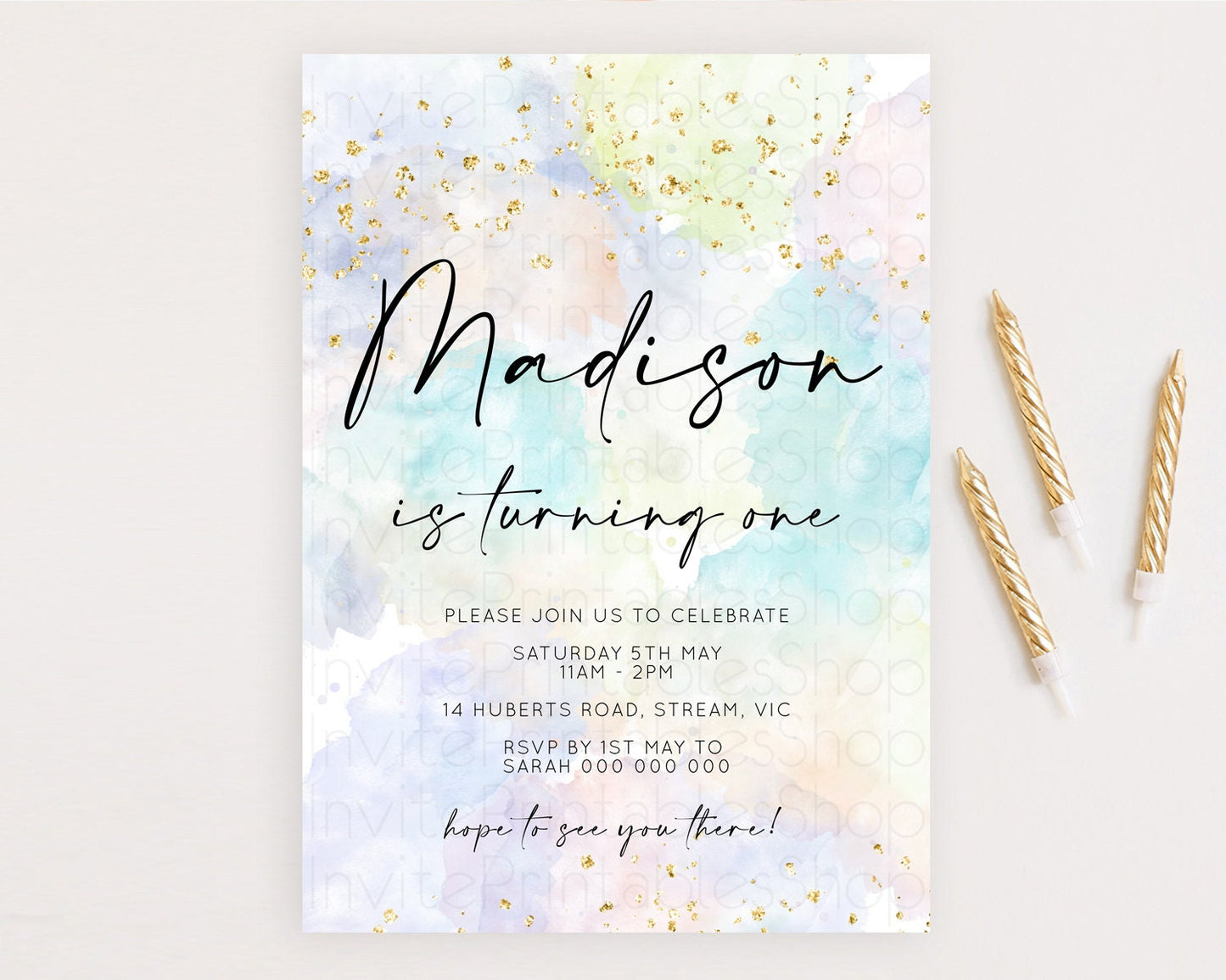 Rainbow Birthday Invitation Colorful Pastel Watercolor Invitation Gold Glitter Sprinkles Ombre Pastel 1st 2nd 3rd Birthday D10613